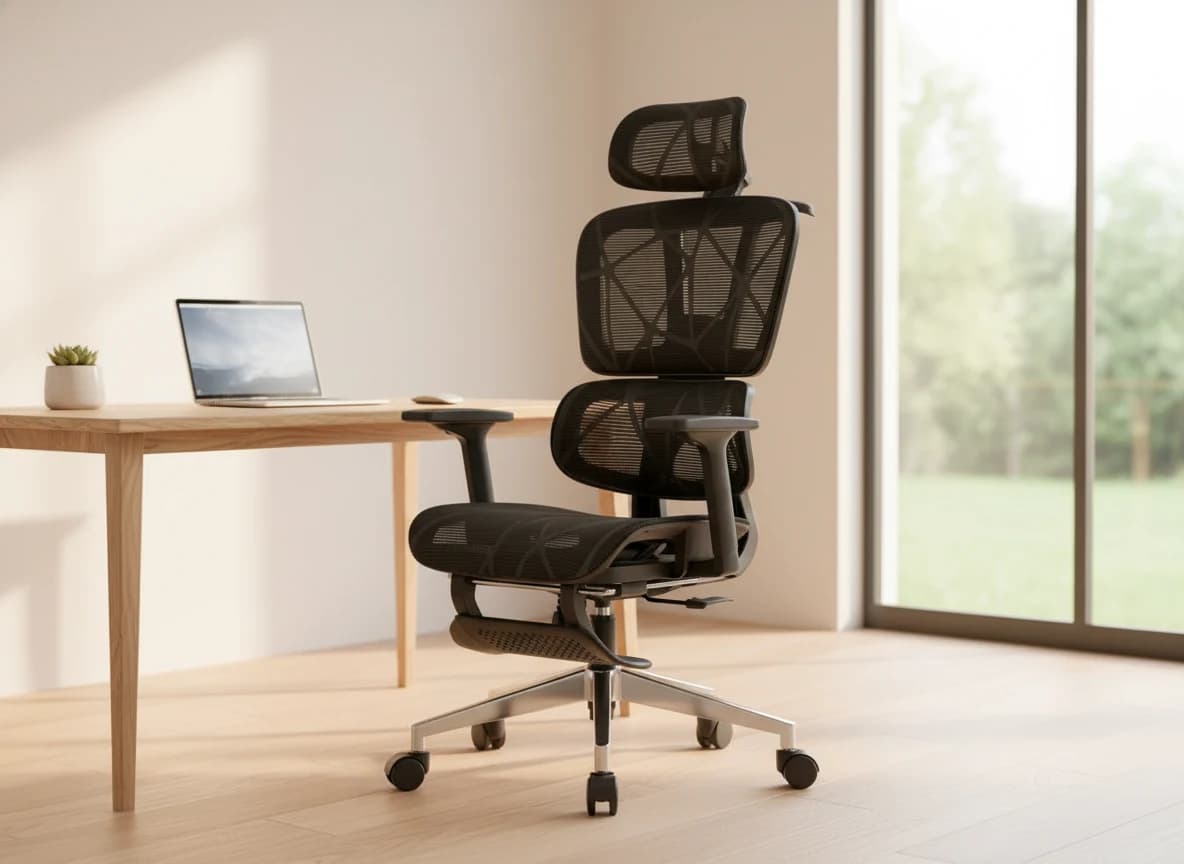 A calm, beautifully designed home office with a navy ergonomic chair