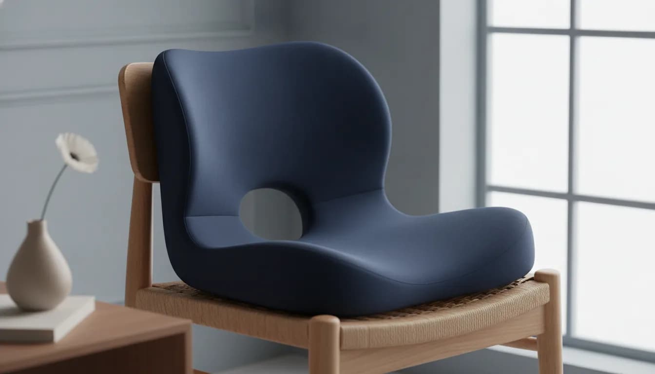 Memory foam coccyx cushion with a rear cutout resting on an office chair, set up to relieve tailbone pressure