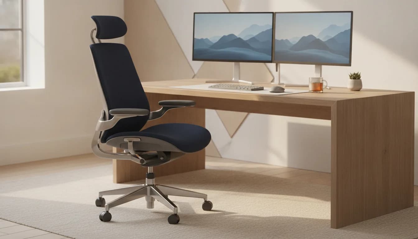LumaSpine Pro ergonomic office chair set up at a home-office desk for a long computer session, with mesh back and adjustable lumbar support