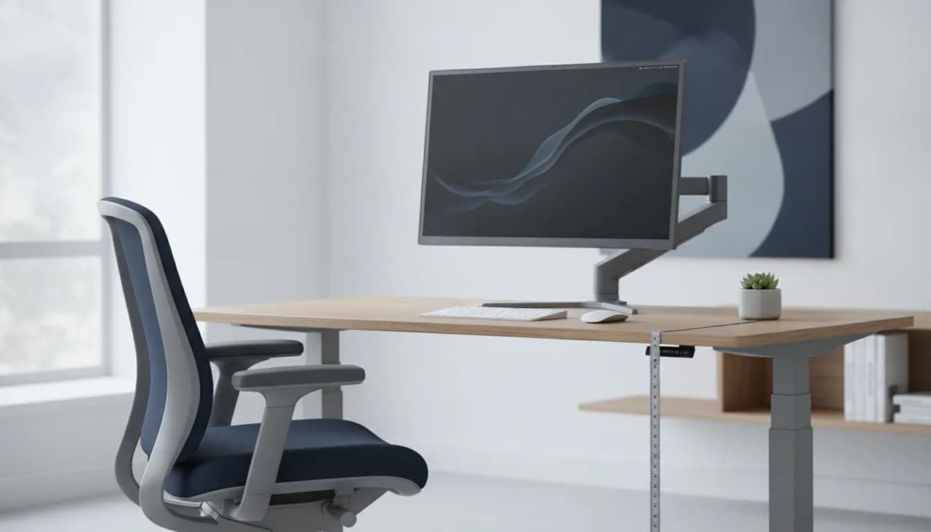 Person an einem höhenverstellbaren Schreibtisch in Sitzhöhe mit gestützten Füßen und waagerechten Unterarmen im Homeoffice