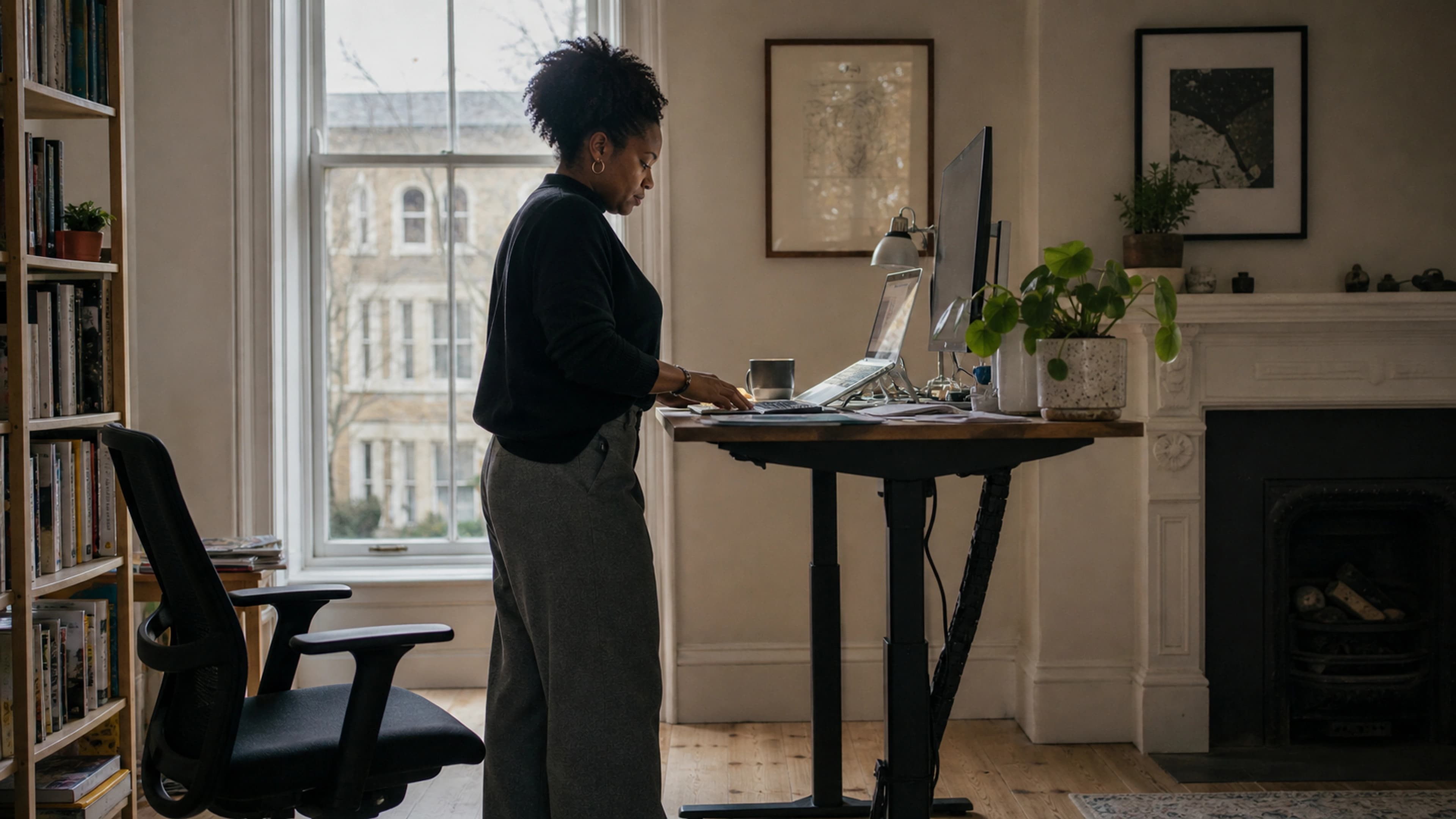 Woman transitioning from sitting to standing as her height-adjustable desk rises in a London home office