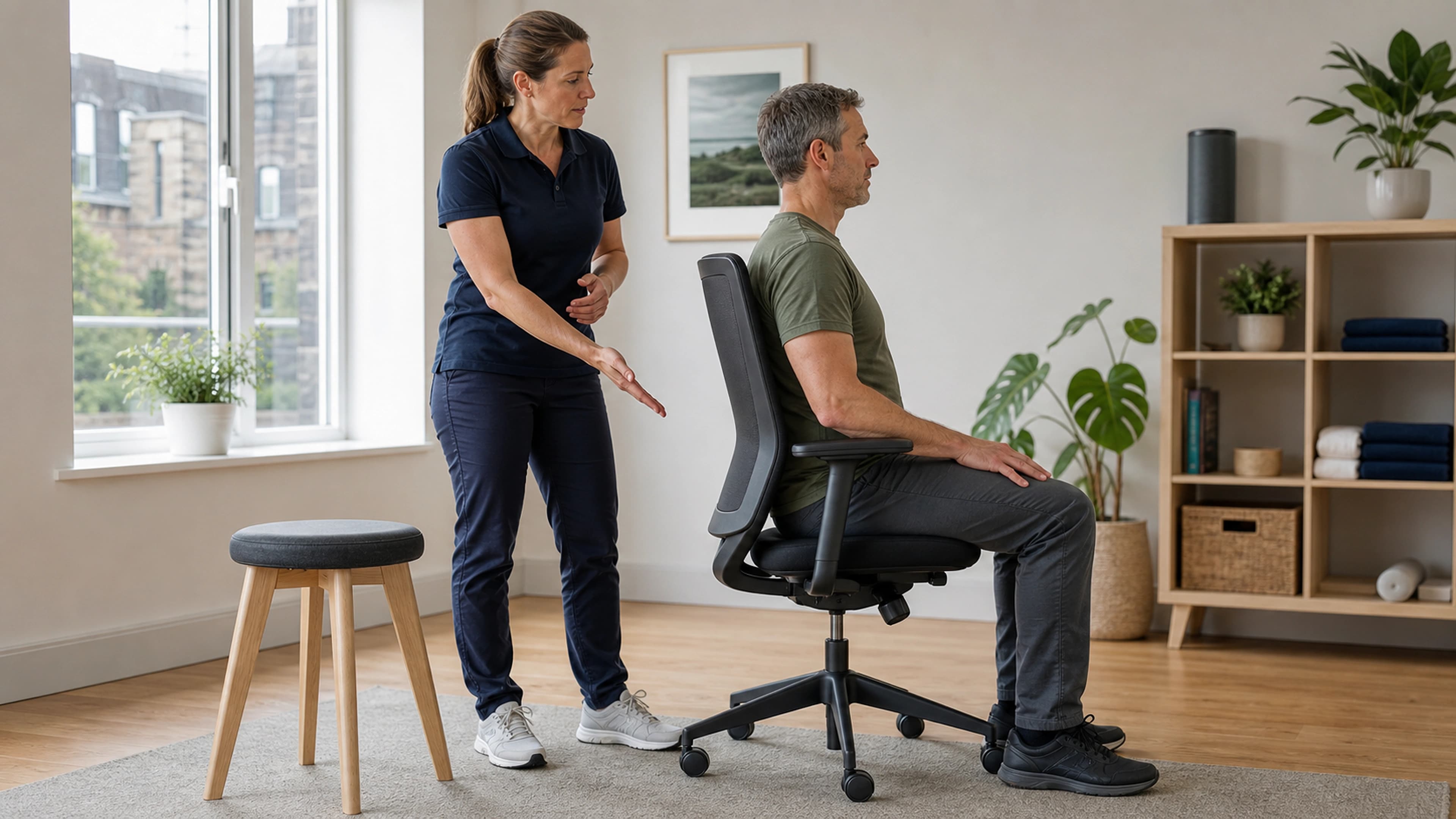 Adult settling into a supported neutral sitting position with both feet grounded at a simple desk