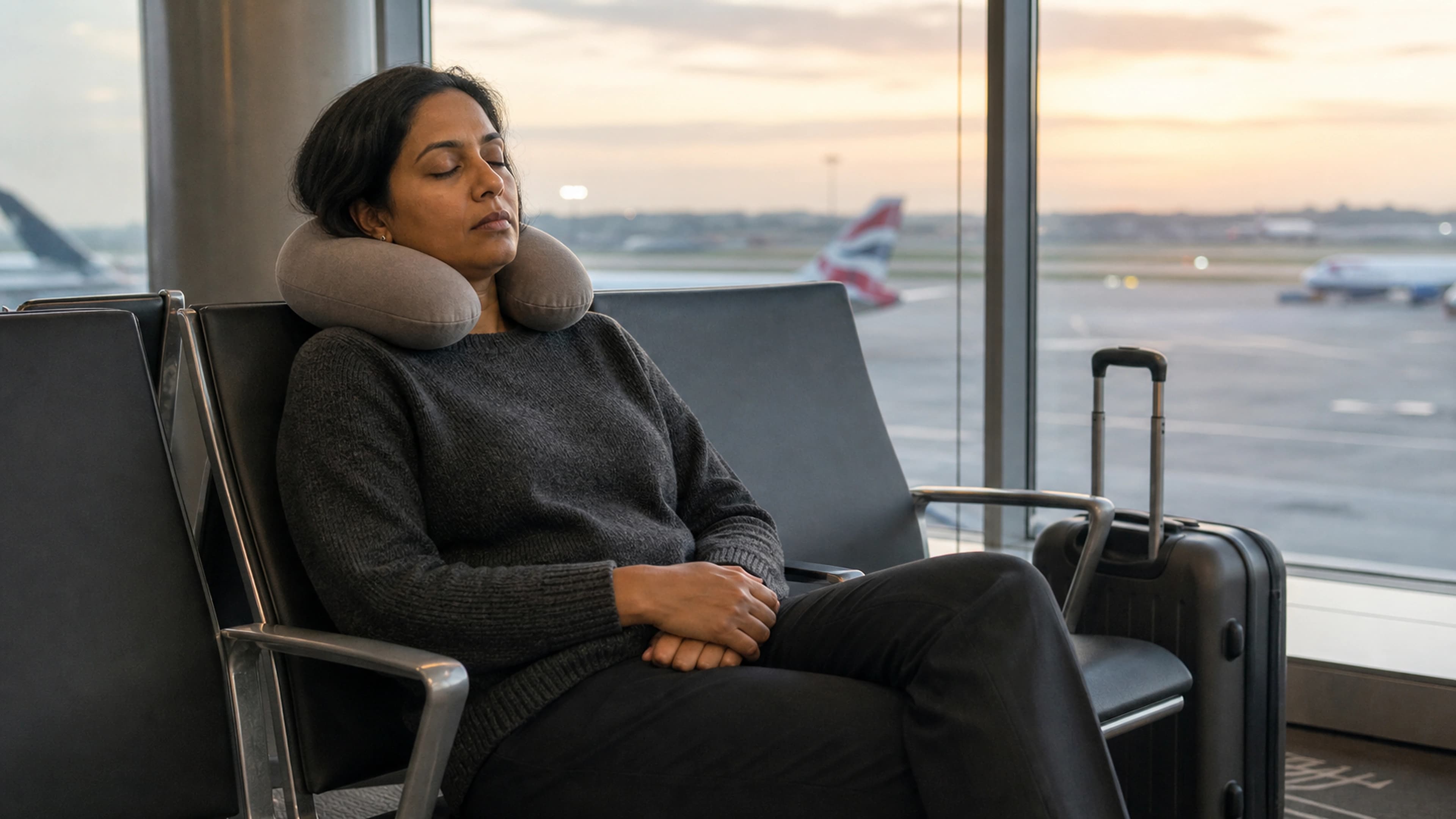 Traveller resting naturally in a quiet airport lounge before a long journey