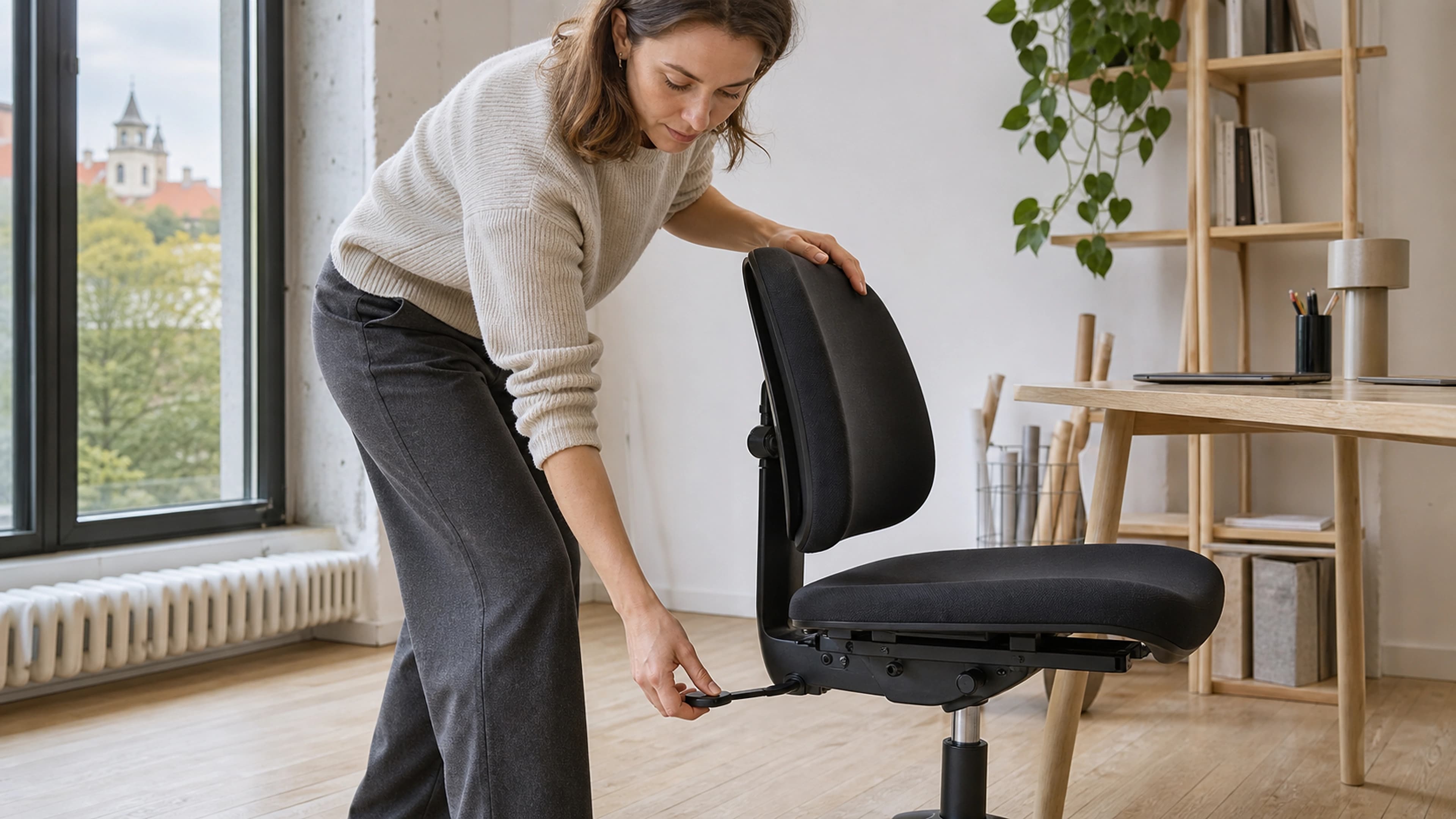 Office worker adjusting seat depth and backrest height before beginning a focused work session