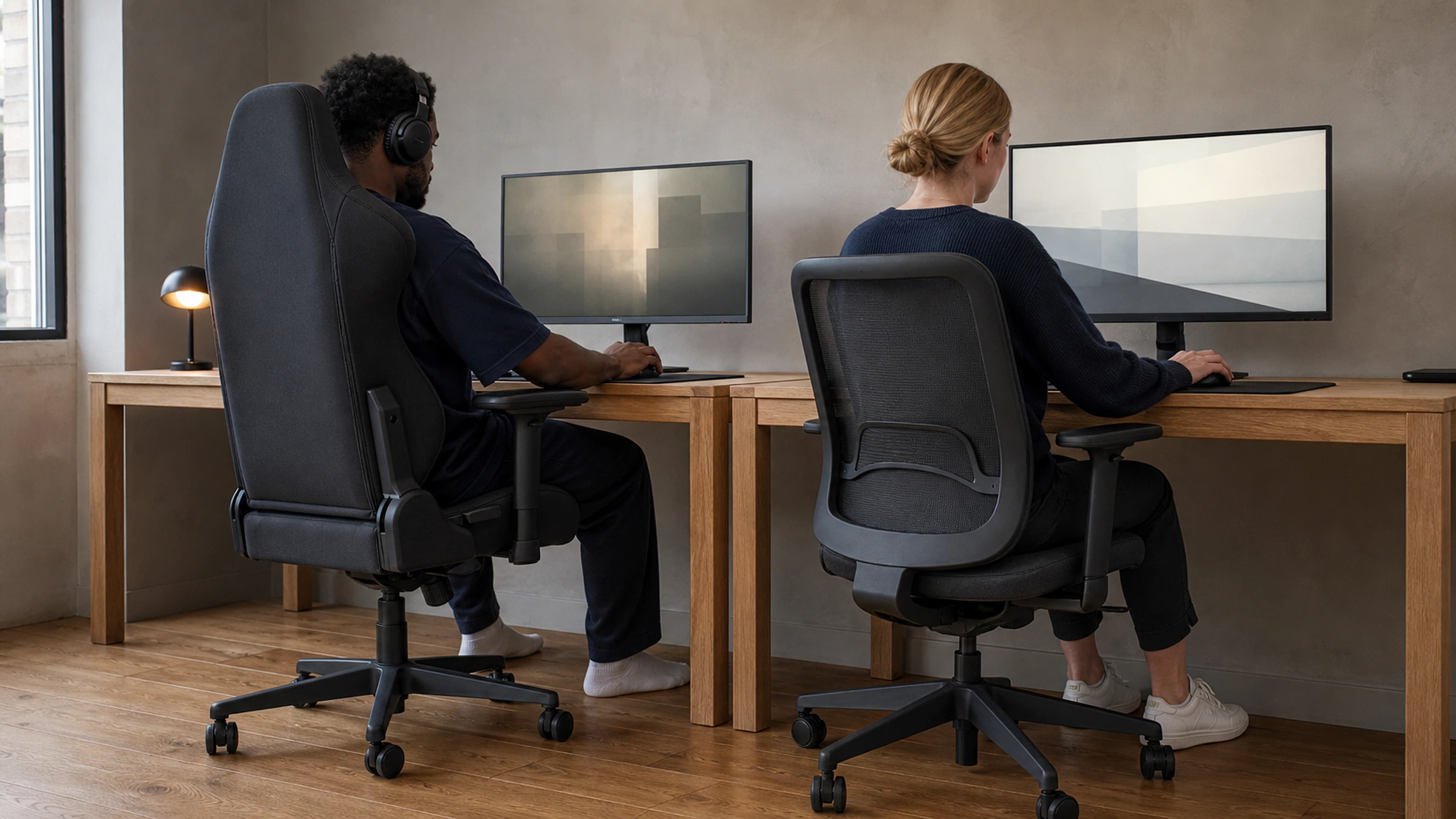 Adult shifting between a relaxed gaming posture and a balanced office-work posture at one desk