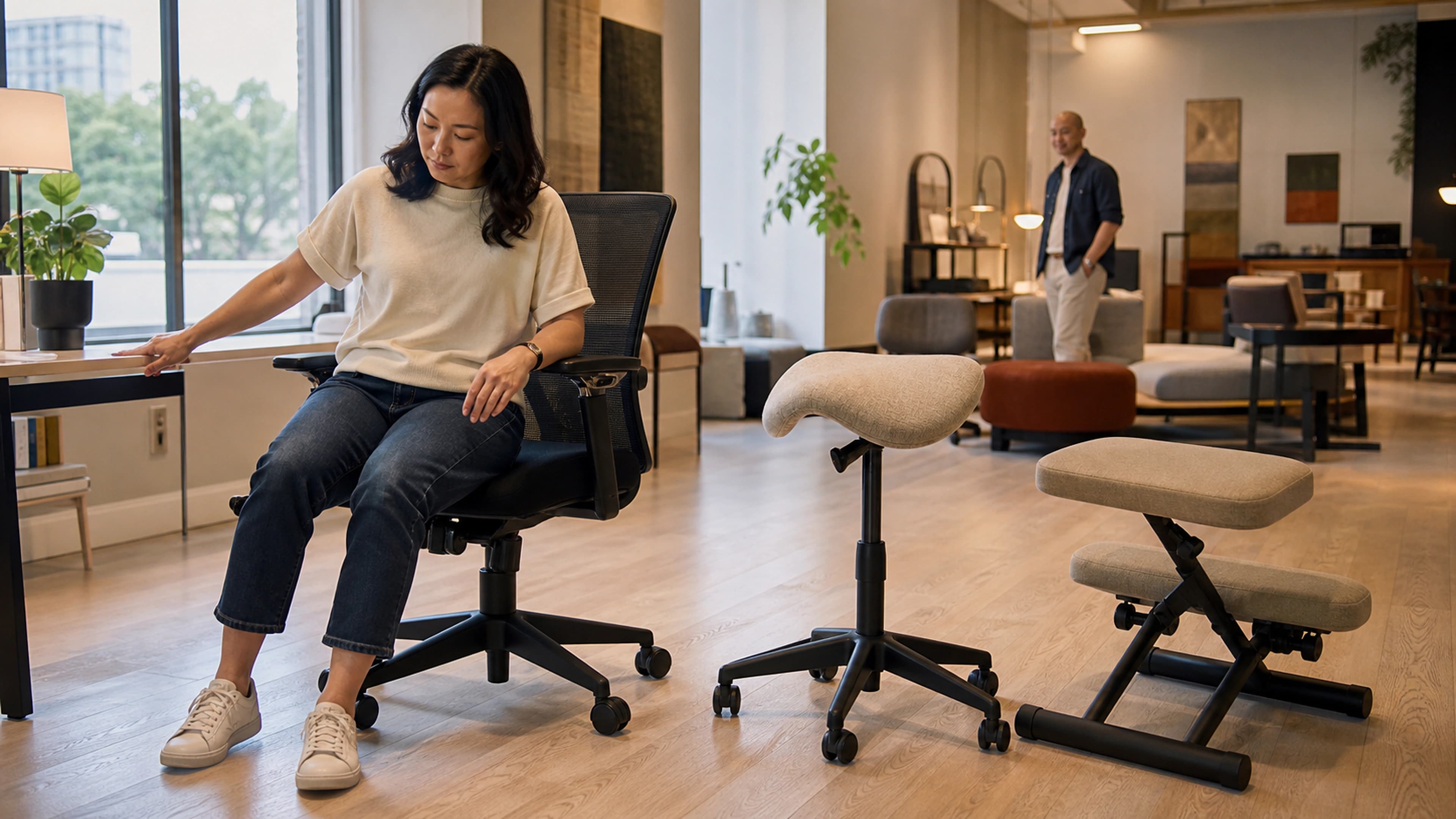 Shopper trying several unbranded task-chair formats in a contemporary furniture showroom