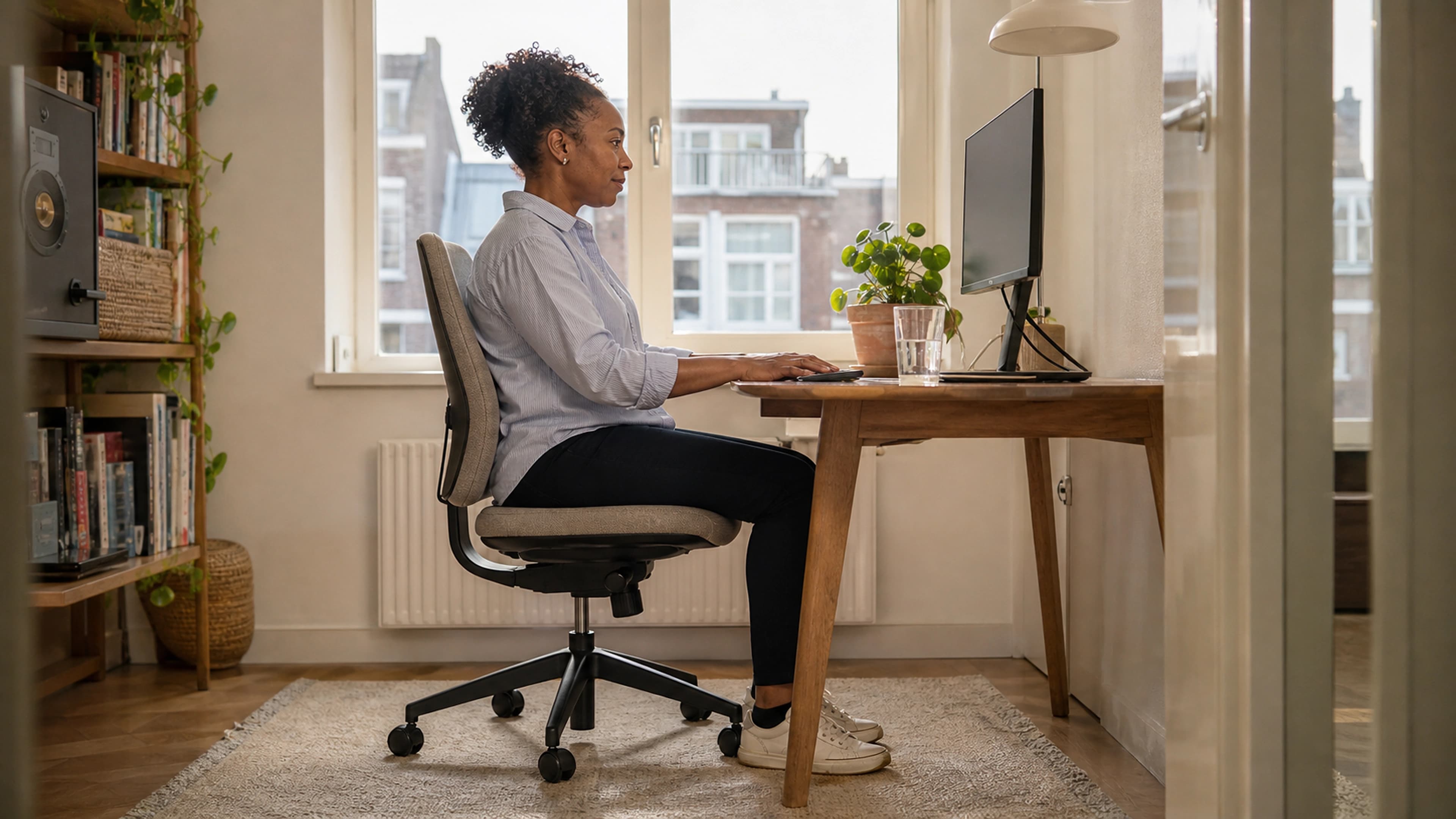 Full side view of an adult using a self-selected neutral sitting position with both feet grounded