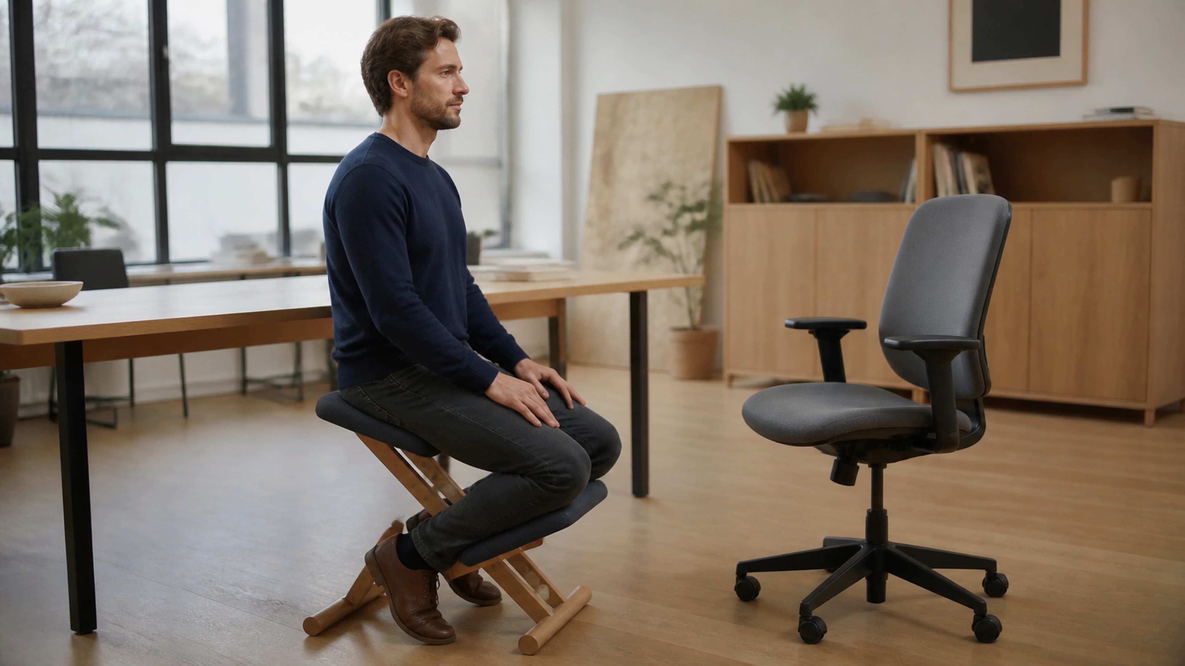 Worker comparing conventional seated posture with a forward-angled kneeling position in a studio
