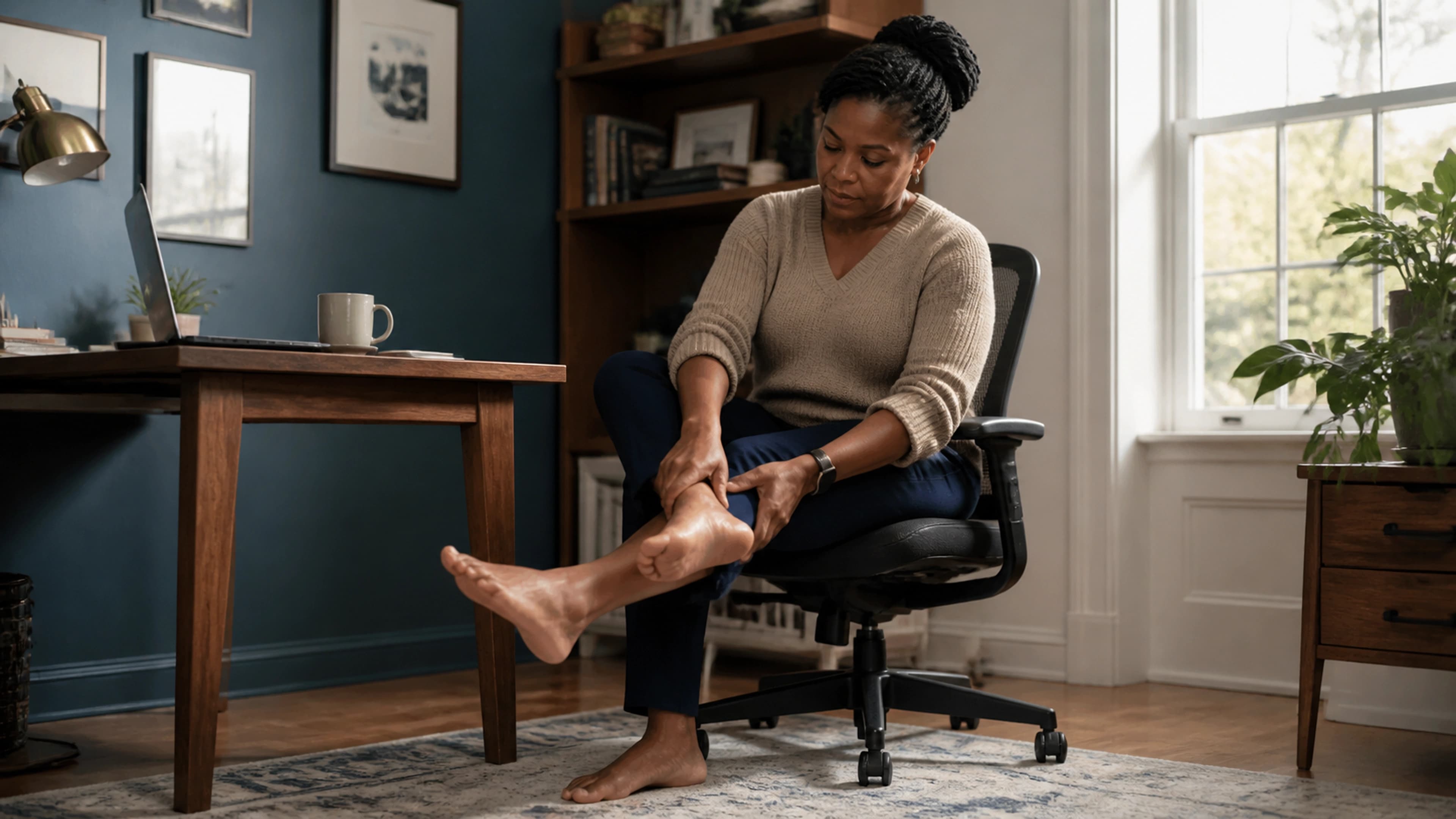 Desk worker standing to restore leg movement after a long uninterrupted sitting period