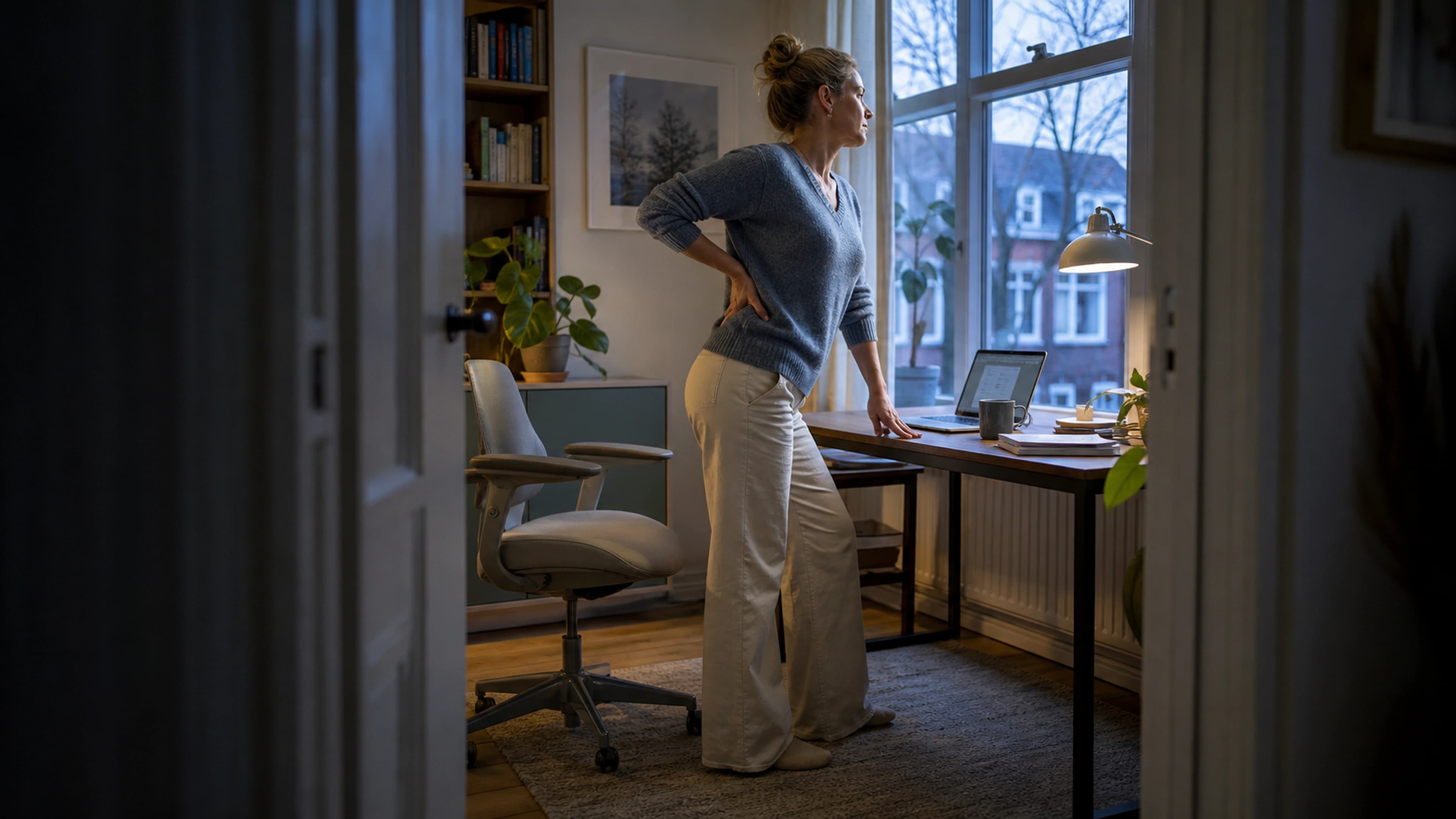Office worker changing position and stretching gently after a prolonged seated work session