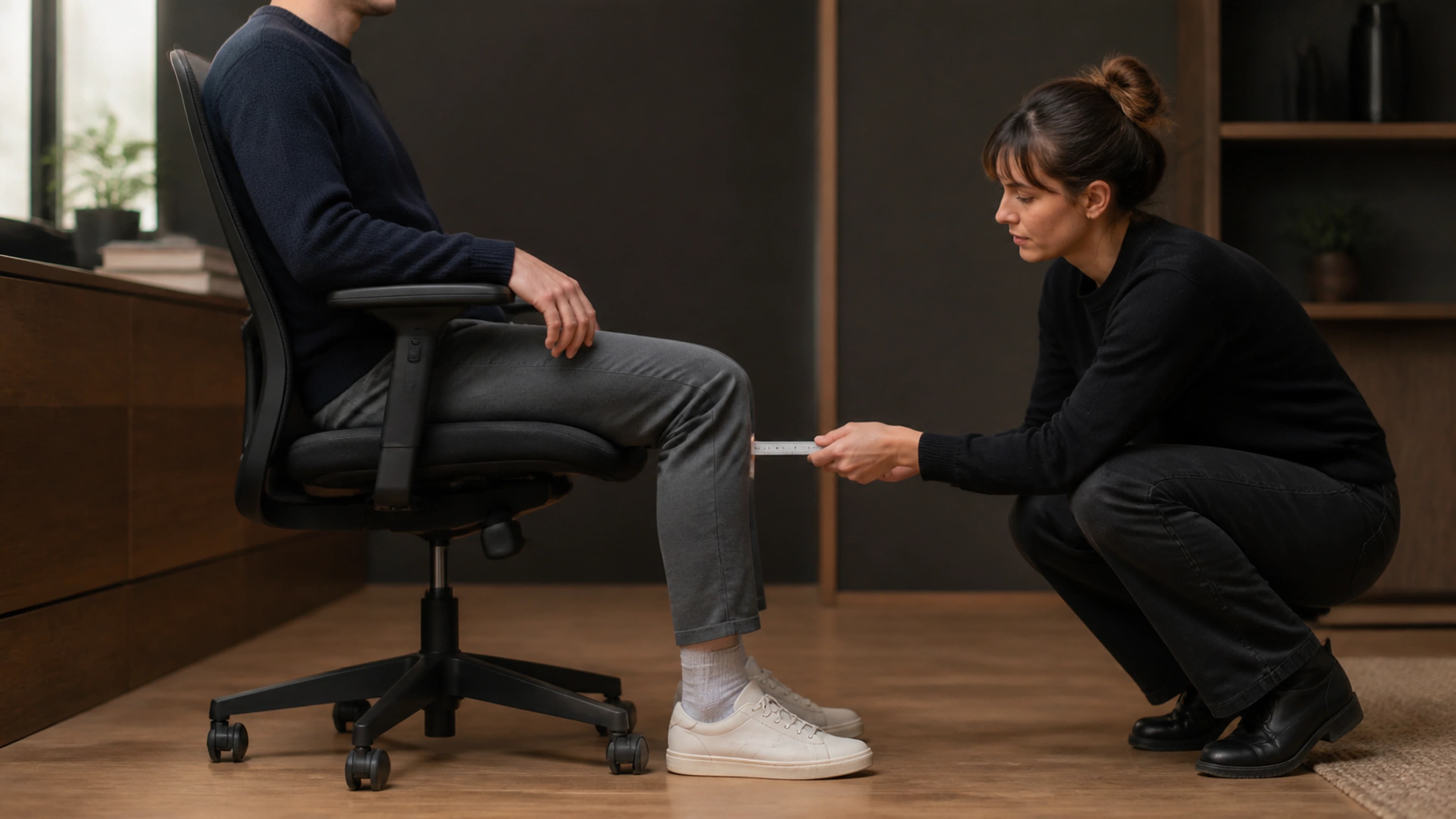Adult checking seat width, depth, and foot contact while fitting an office chair