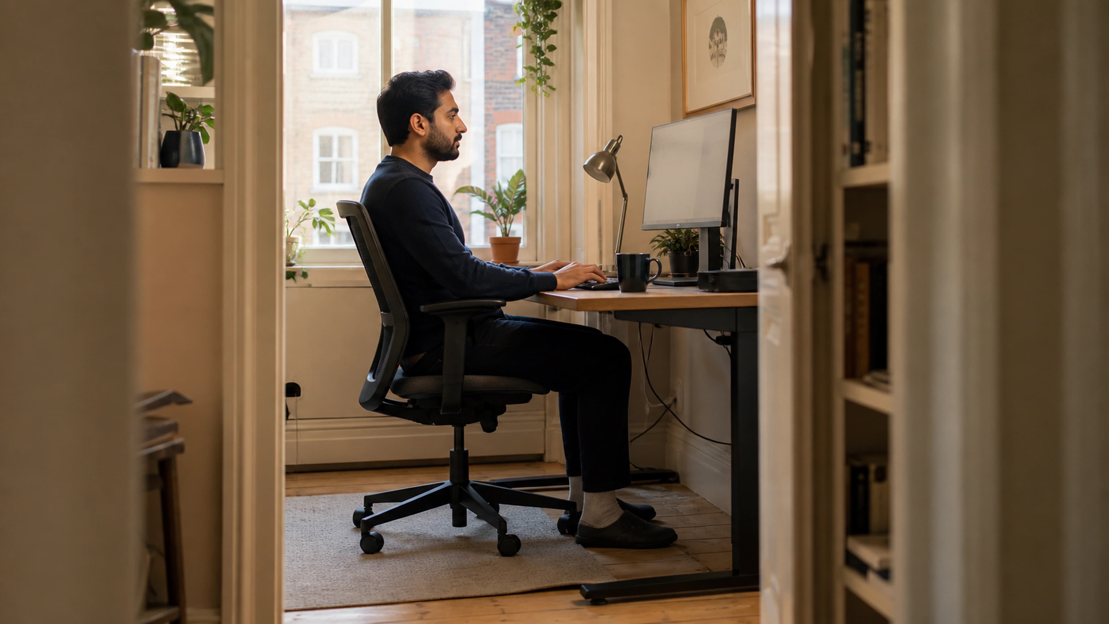 Side-profile desk posture with relaxed shoulders, supported forearms, and feet flat on the floor