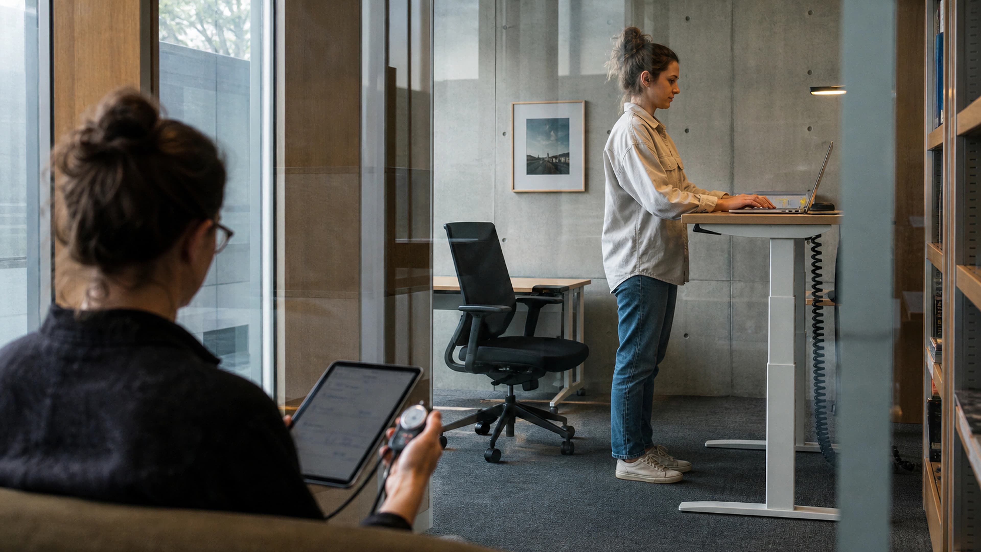 Research-minded office worker alternating posture at a height-adjustable workstation during the day