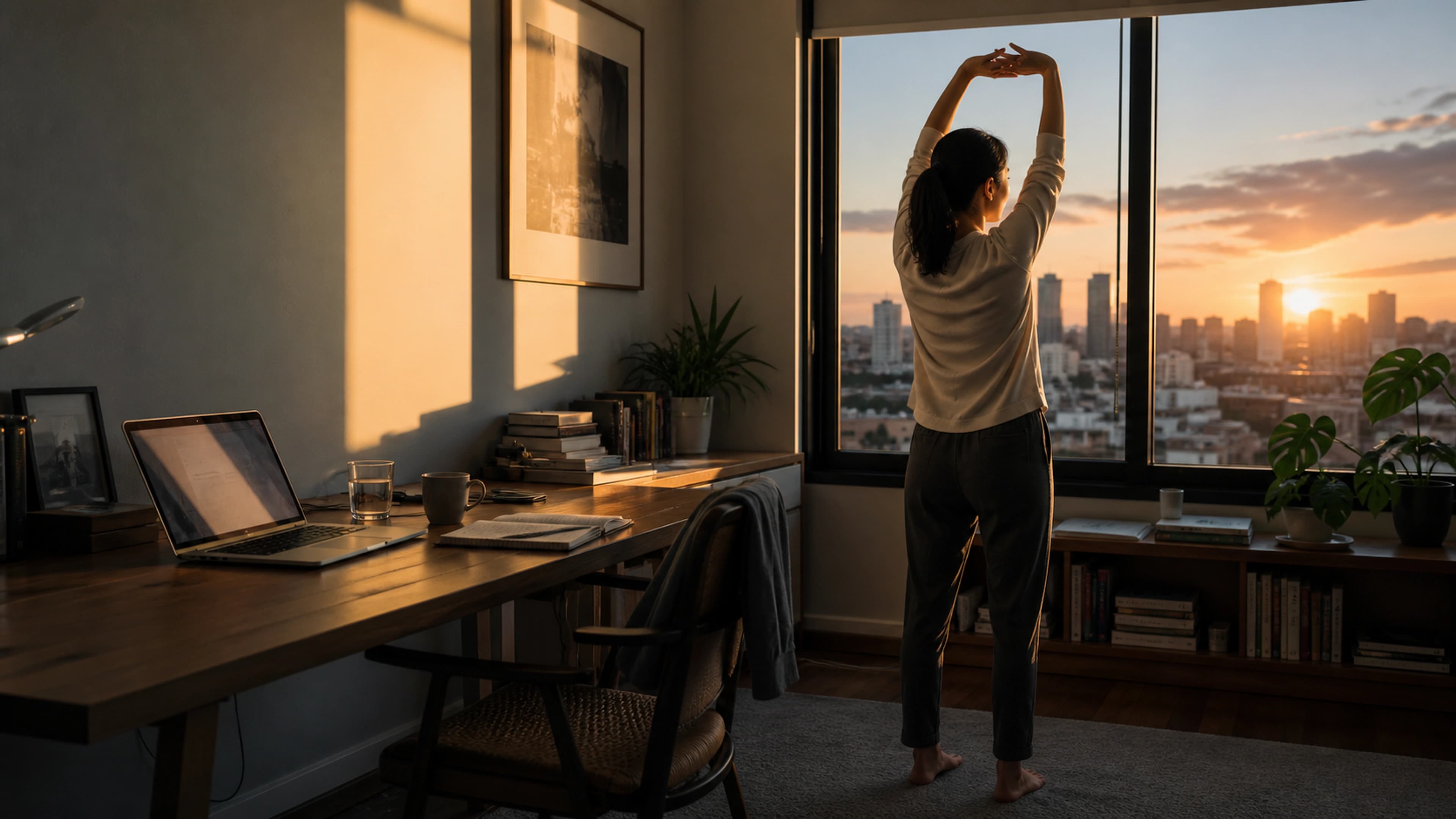 Office worker leaving their chair for a full-body movement break during a long desk day
