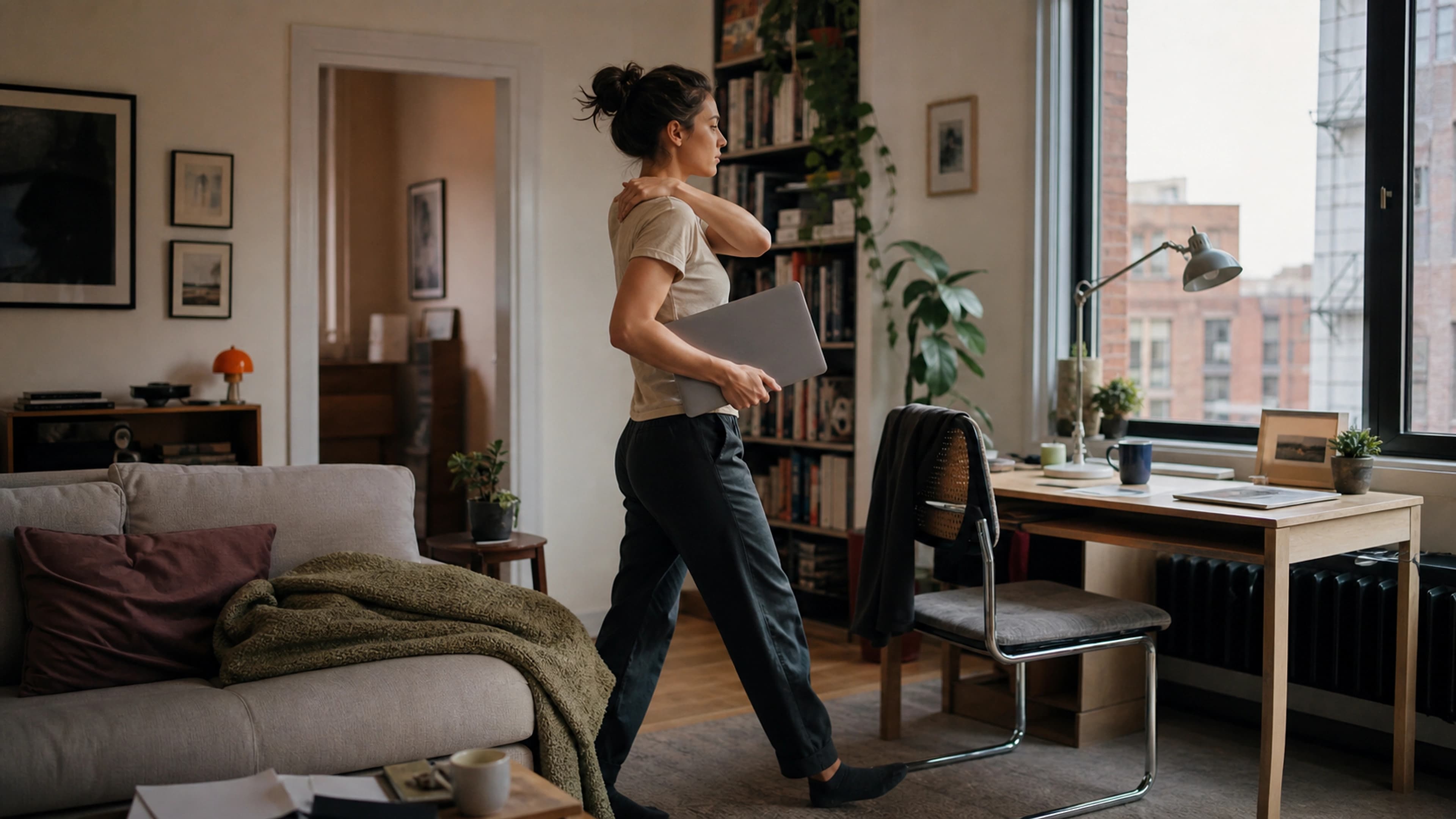 Remote worker resetting chair and screen position in a lived-in home workspace