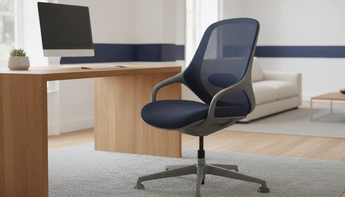 Ergonomischer Bürostuhl mit Netzbespannung und verstellbarer Lendenwirbelstütze, aufgestellt an einem Schreibtisch im Homeoffice – als Aeron-Alternative