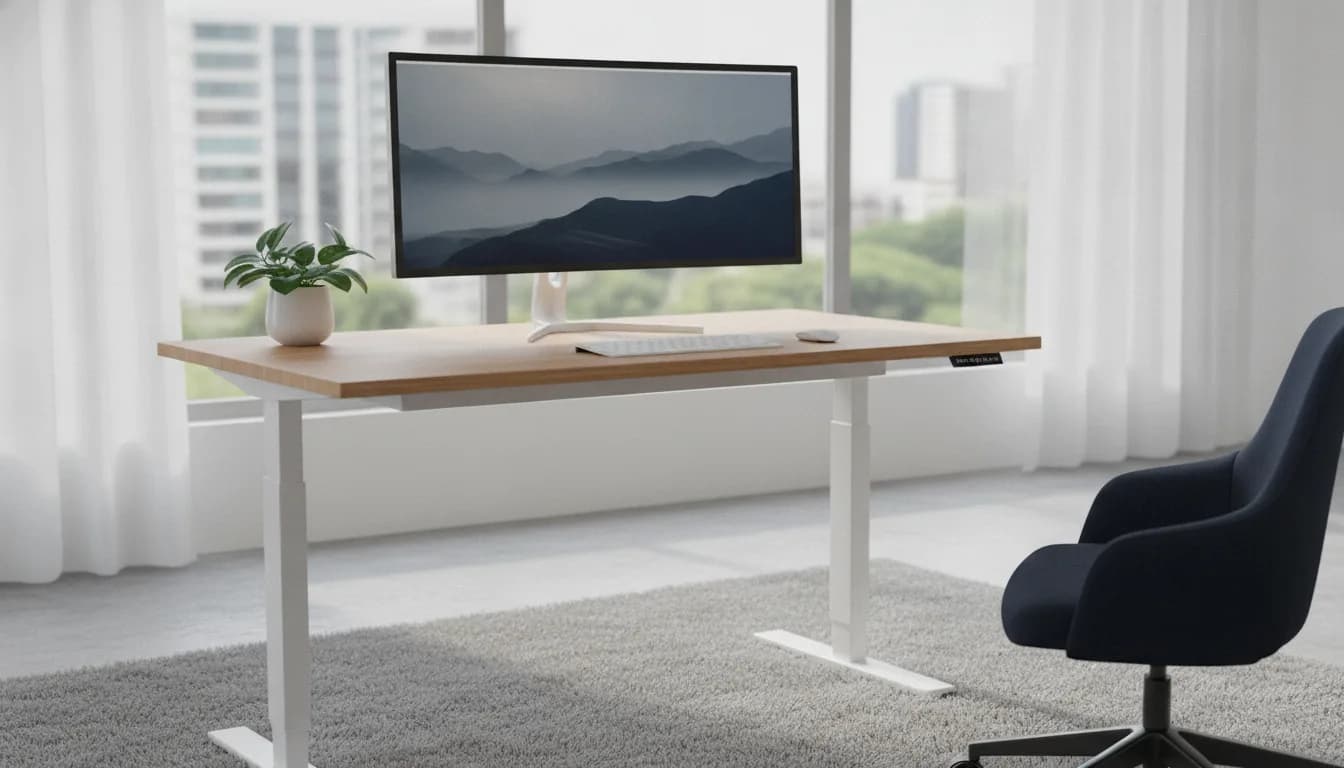 Ein höhenverstellbarer Stehschreibtisch in Stehhöhe in einem hellen, minimalistischen Homeoffice, mit einem Monitor auf Augenhöhe und einem ergonomischen Stuhl daneben