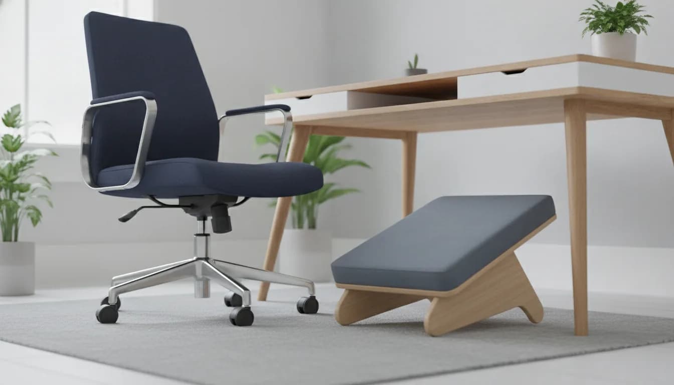Person am Schreibtisch mit Füßen auf einer ergonomischen Fußwippe – Beine gestützt, Fußknöchel frei beweglich