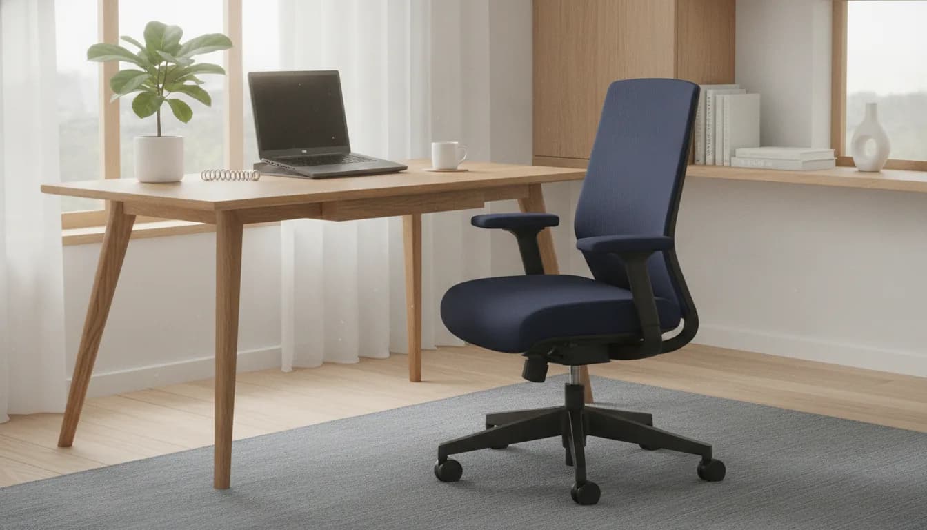 Ergonomischer Heimarbeitsplatz mit gestütztem Bürostuhl, Lordosekissen und auf Augenhöhe erhöhtem Laptop