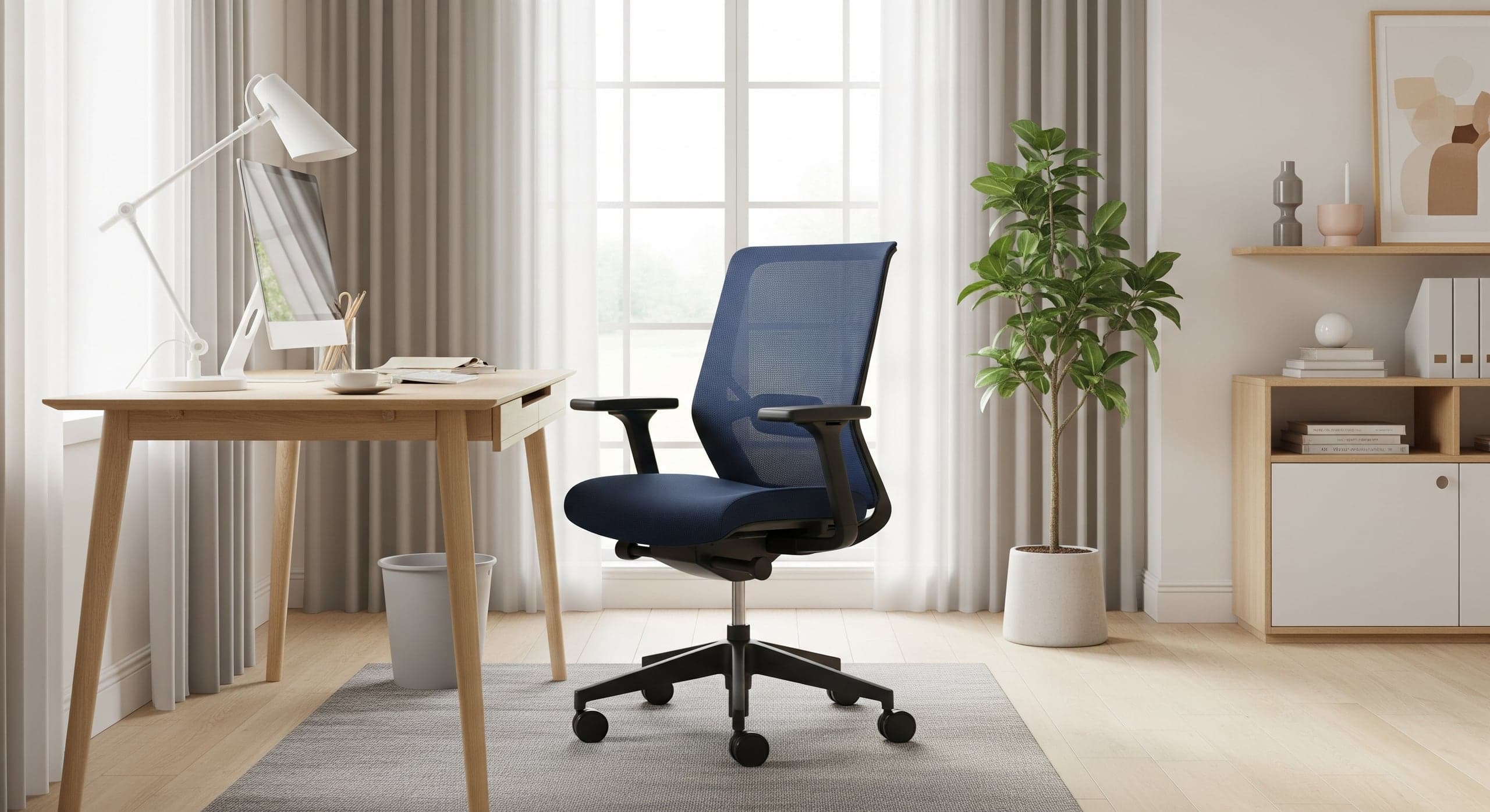 Un bureau à domicile calme et magnifiquement conçu, avec une chaise ergonomique bleu marine