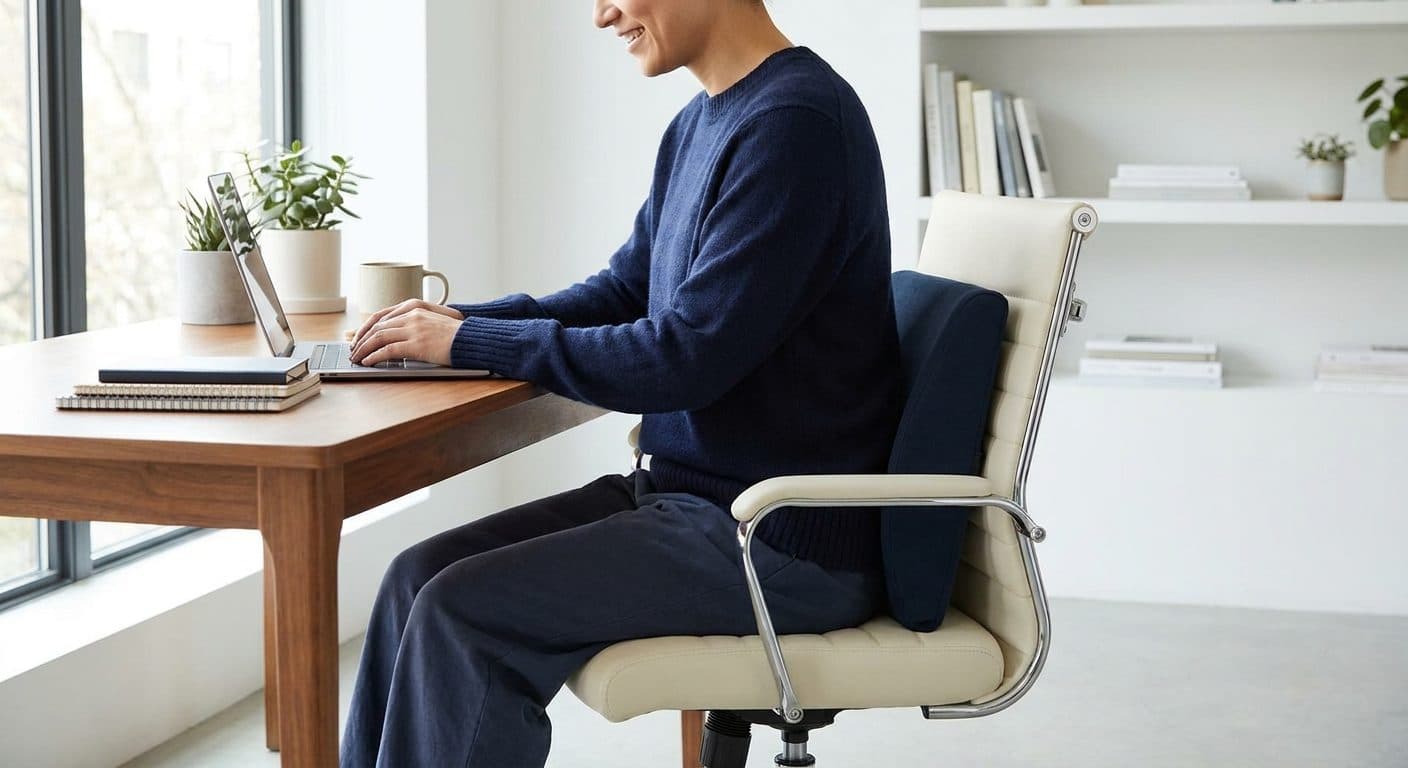 Une personne travaillant confortablement à un bureau avec un soutien lombaire