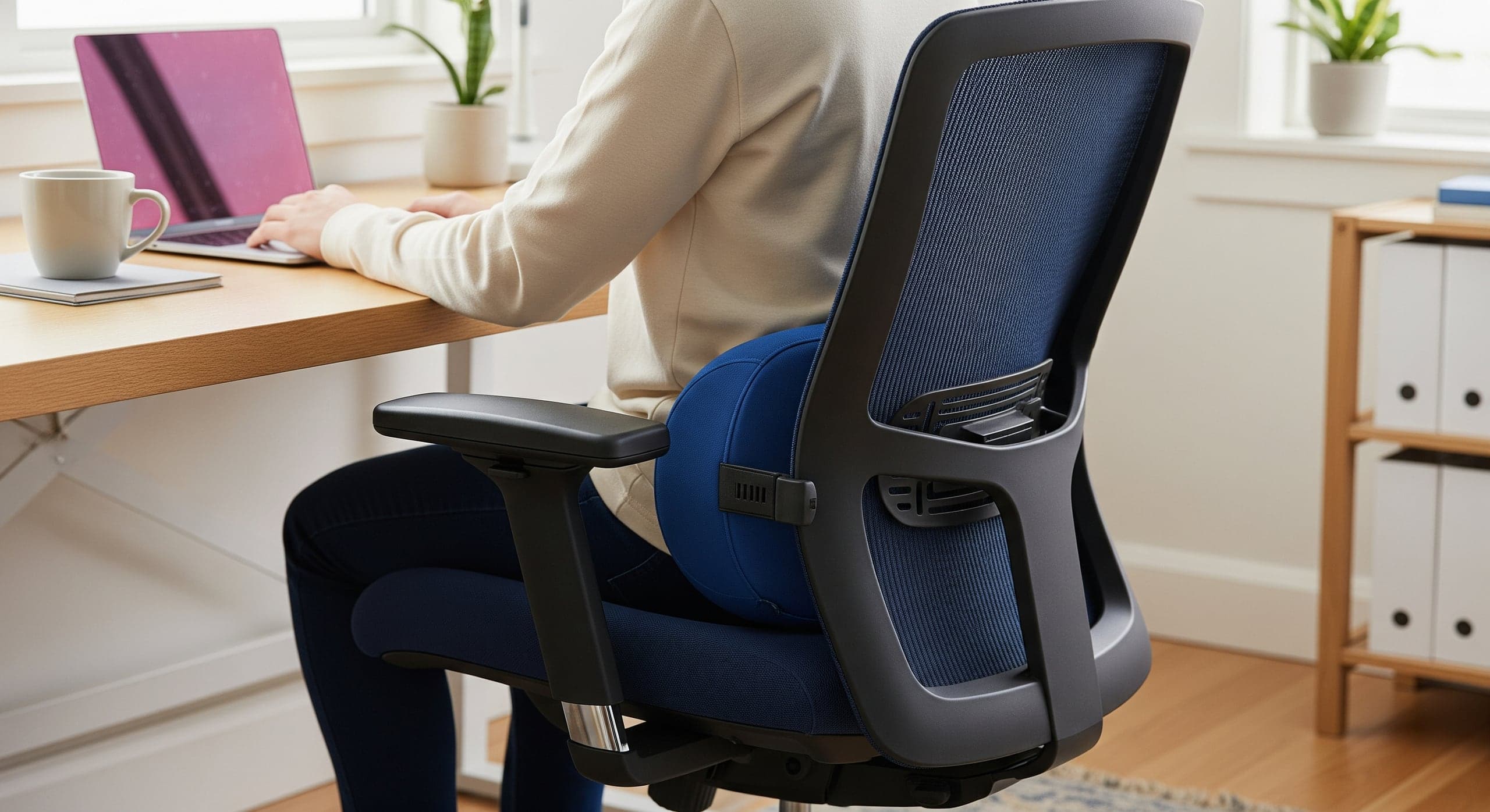 Une véritable installation de bureau à domicile ergonomique avec un soutien lombaire en usage