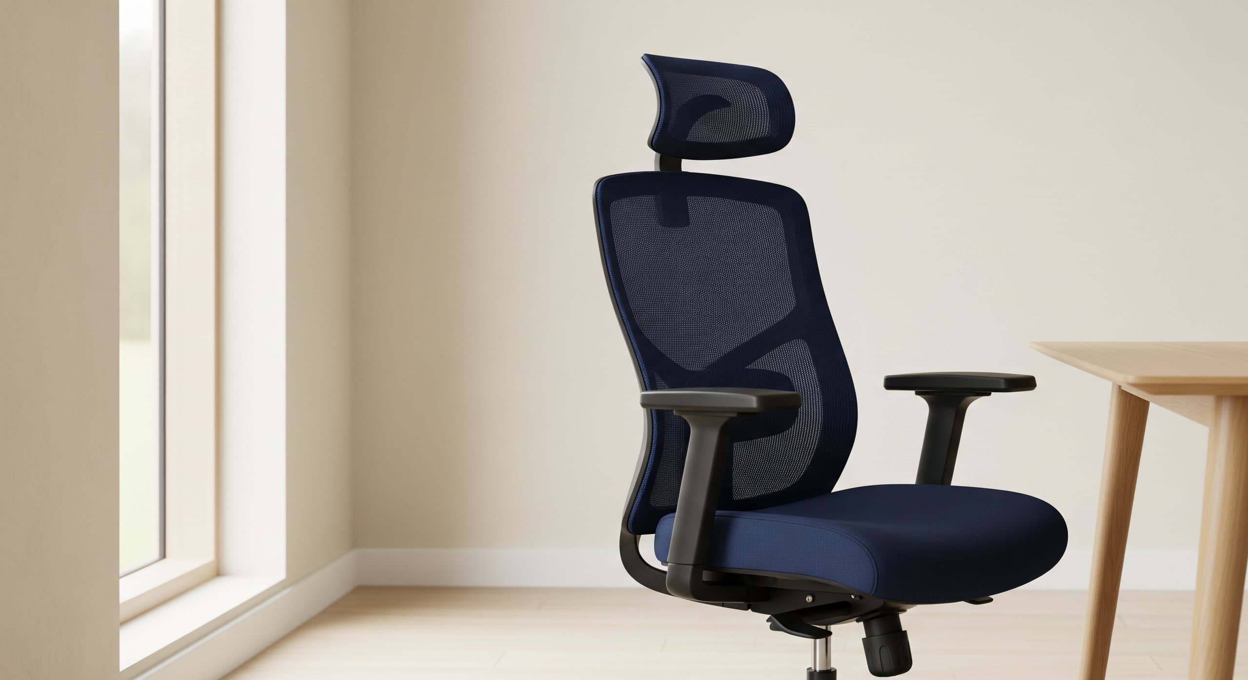 Person mit aufrechter Haltung an einem marineblauen ergonomischen Netzstuhl in einem hellen Homeoffice