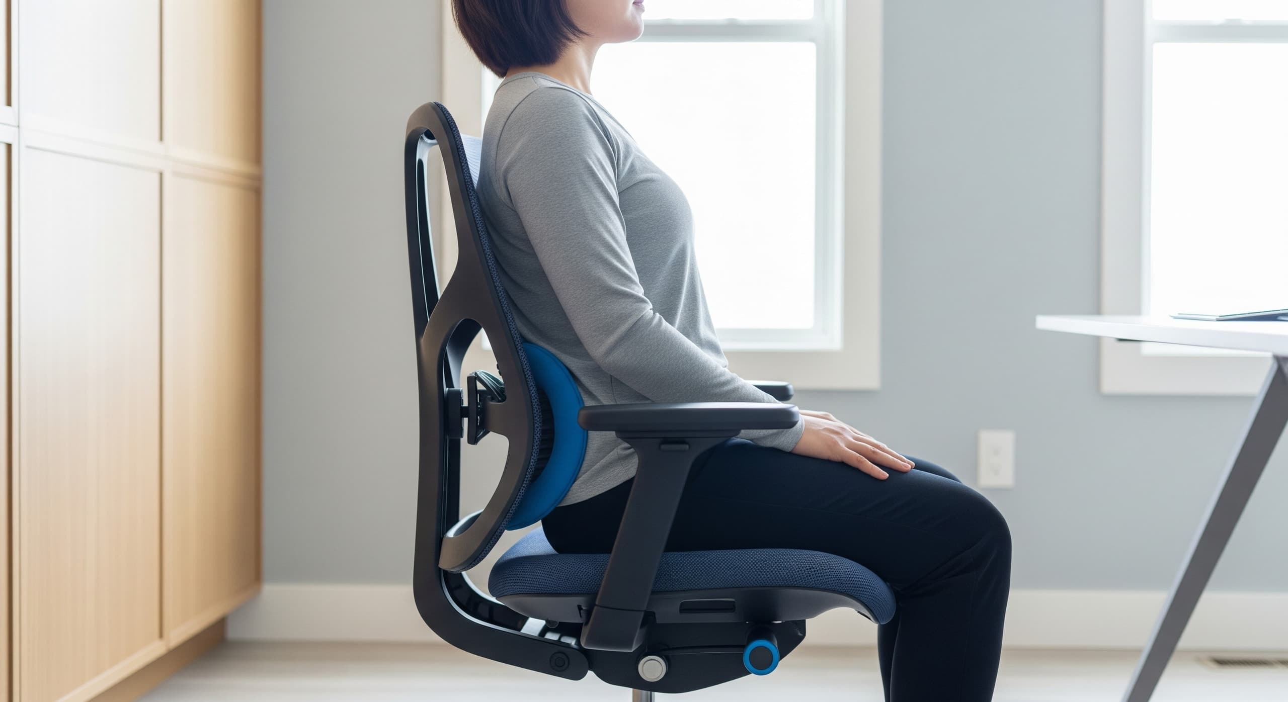 Att sitta med en hälsosam, neutral ryggrad i en ergonomisk stol