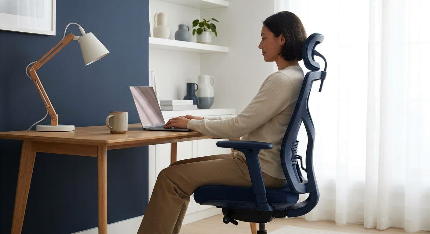 Sitzen mit gesunder, ausgerichteter Haltung in einem ergonomischen Stuhl