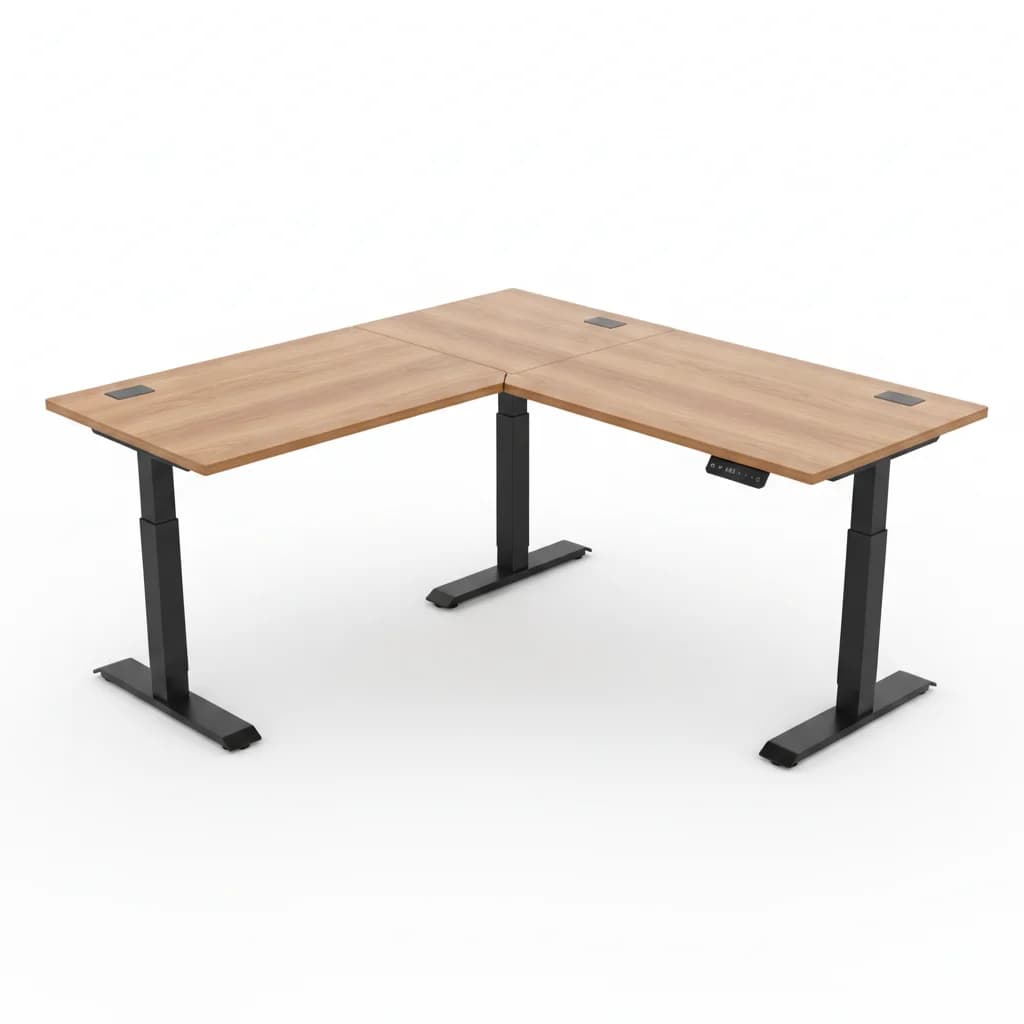 L-shaped electric standing corner desk shown from the front