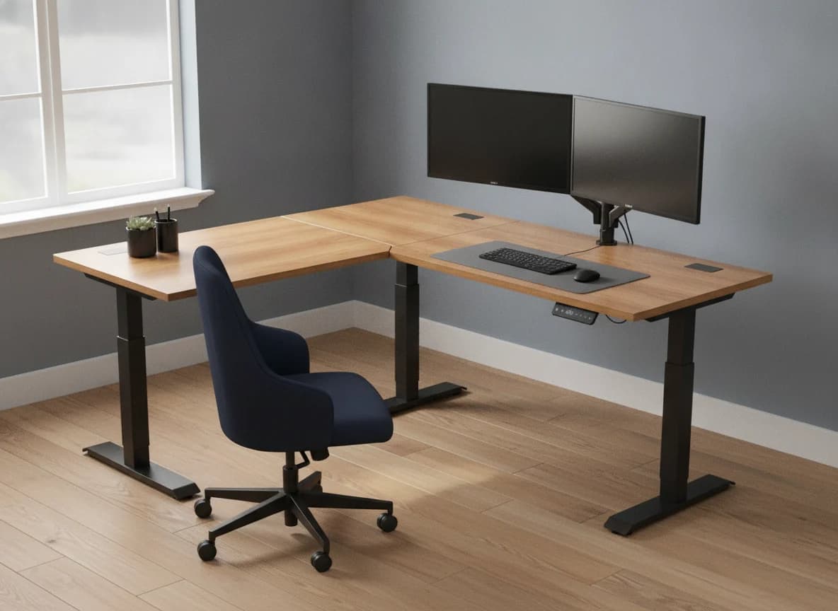 Corner electric standing desk in a home office at standing height