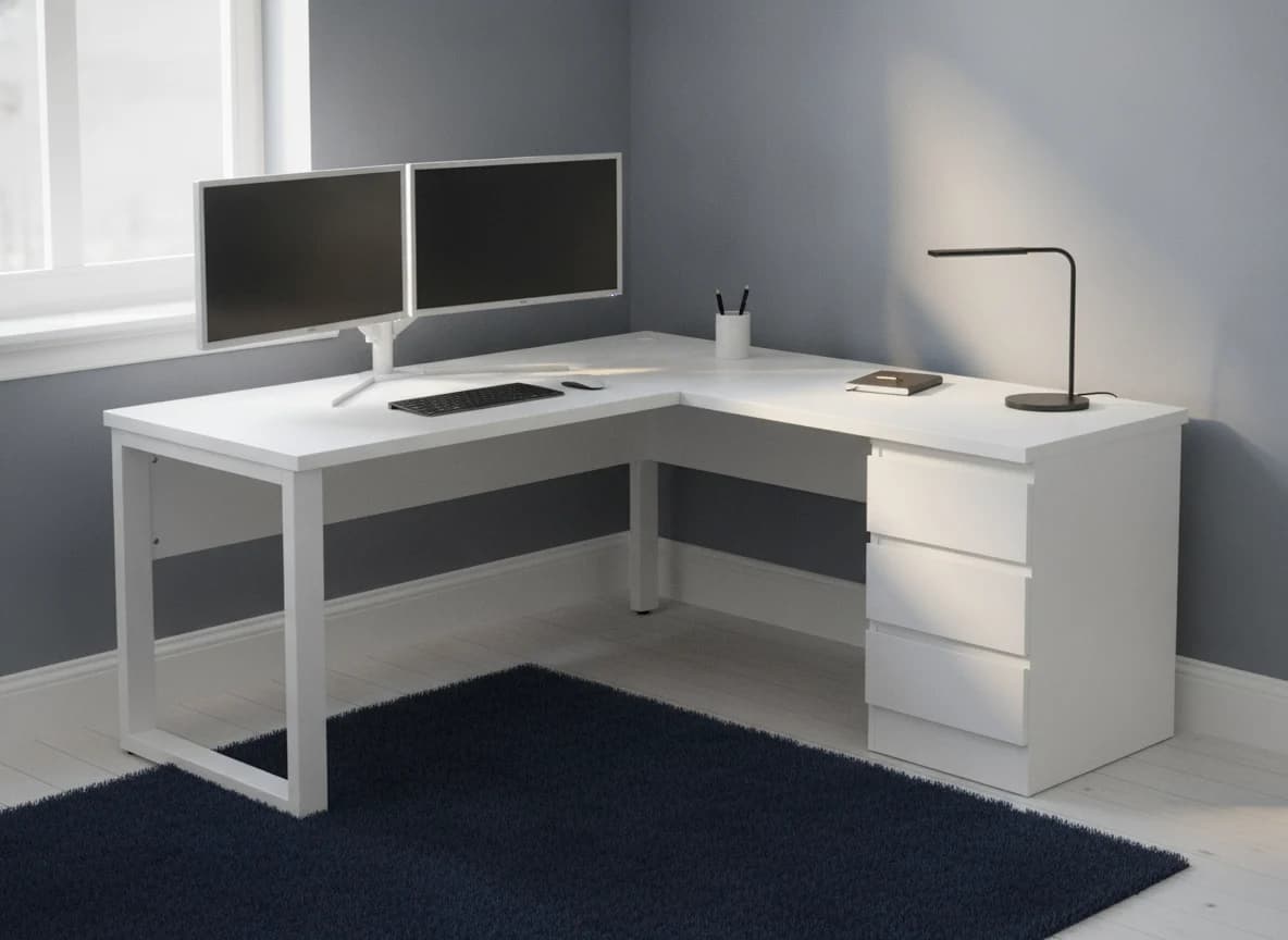 L-shaped corner desk fitted into a home-office corner