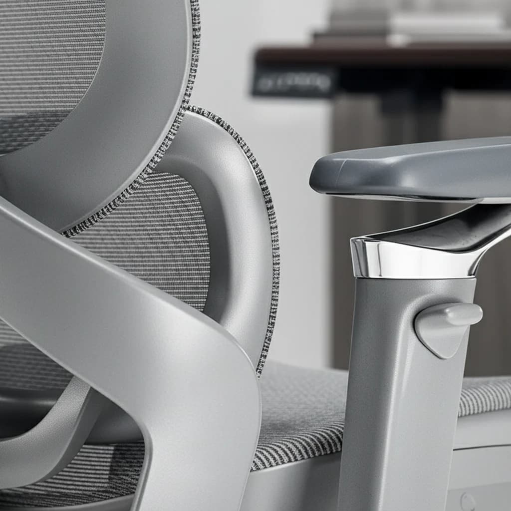Ergonomic chair components and materials arranged in a design studio