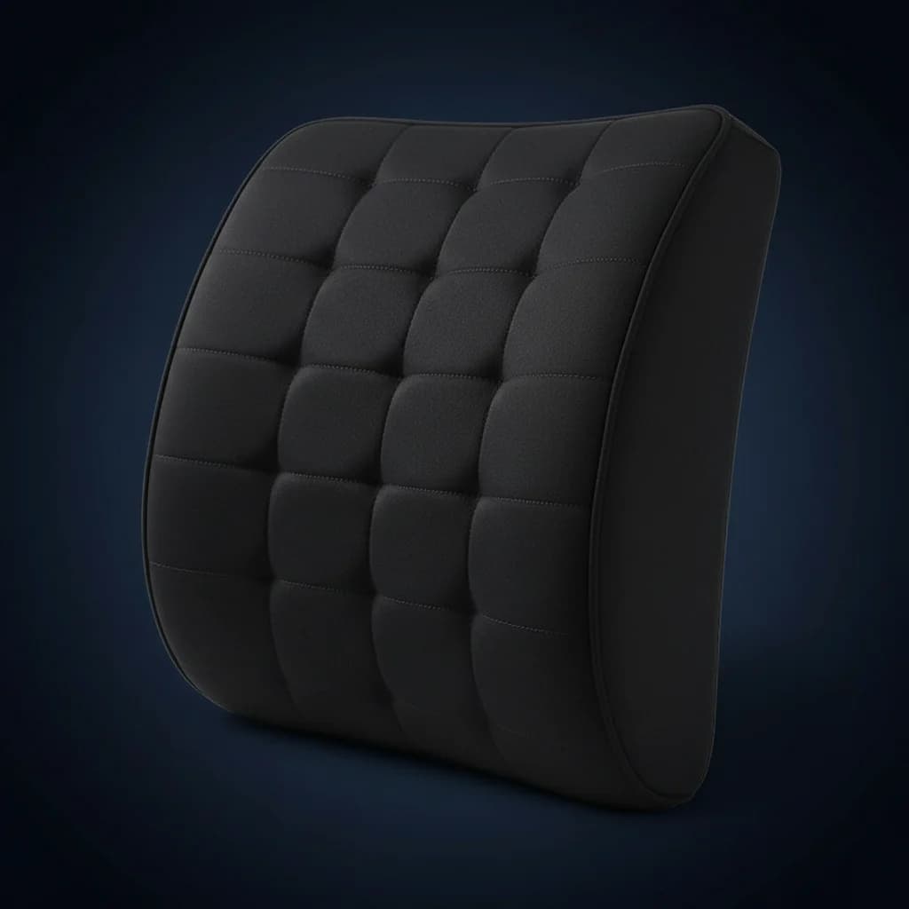 Close-up of the height-adjustable lumbar support set against the lower spine