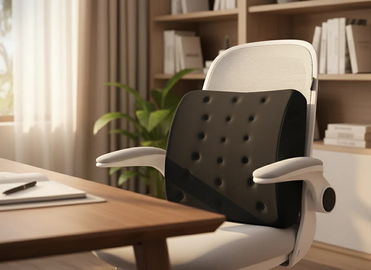 A real ergonomic home-office setup with lumbar support in use