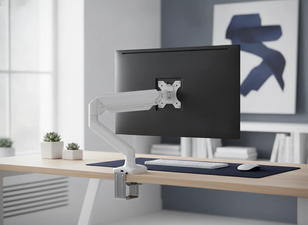 Single monitor arm holding a screen on a tidy desk
