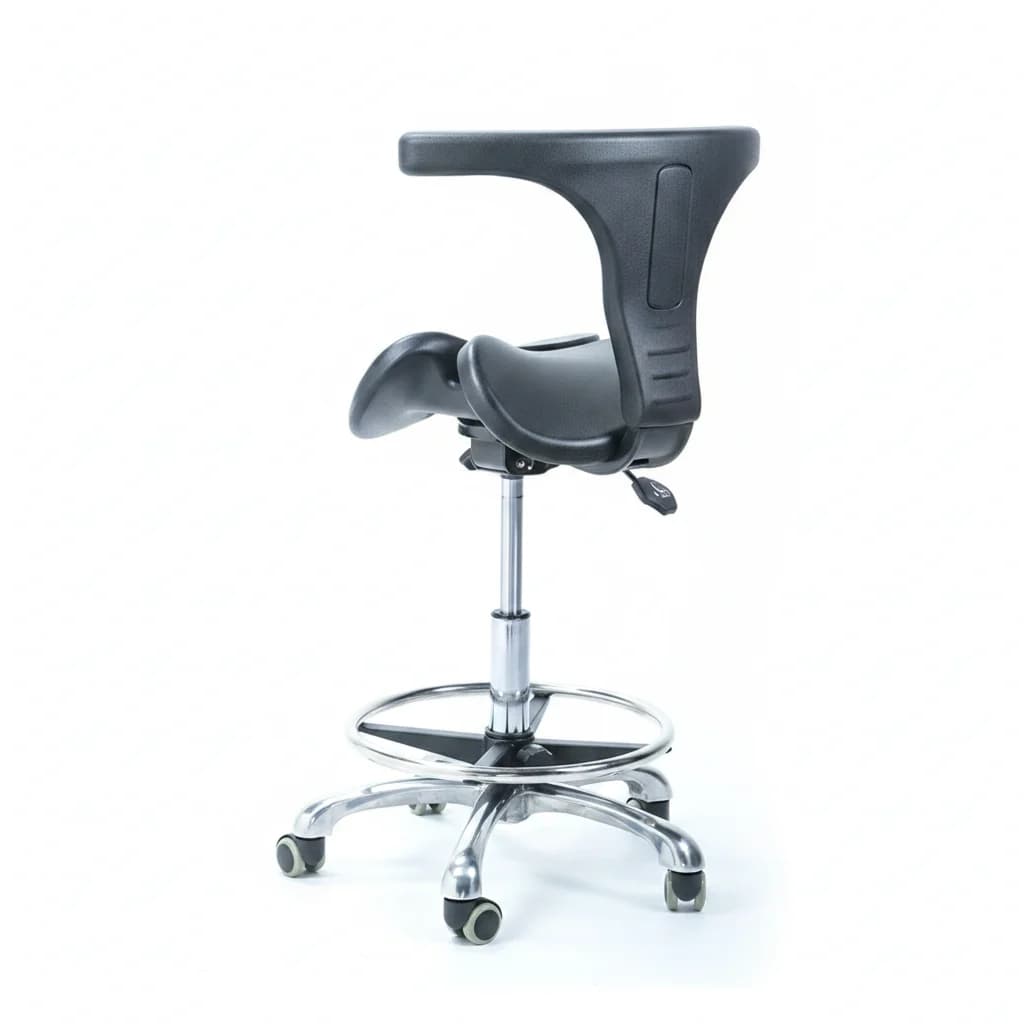 Curved padded backrest of the active saddle stool