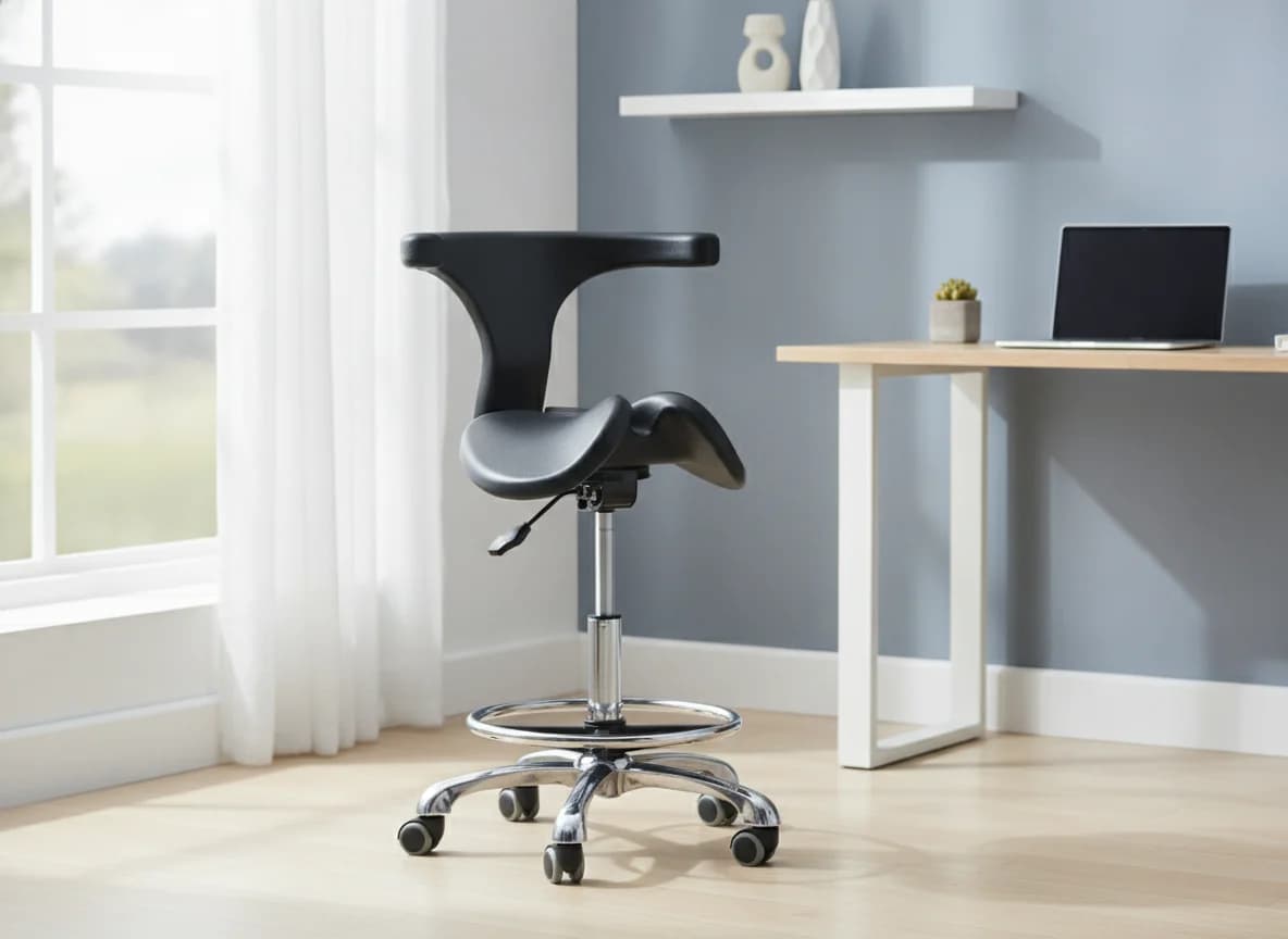 Active saddle stool beside a desk in a bright home office
