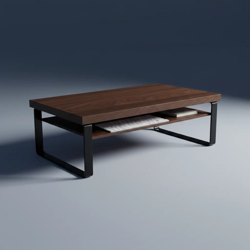 Walnut deck and black U-shaped steel legs of the riser