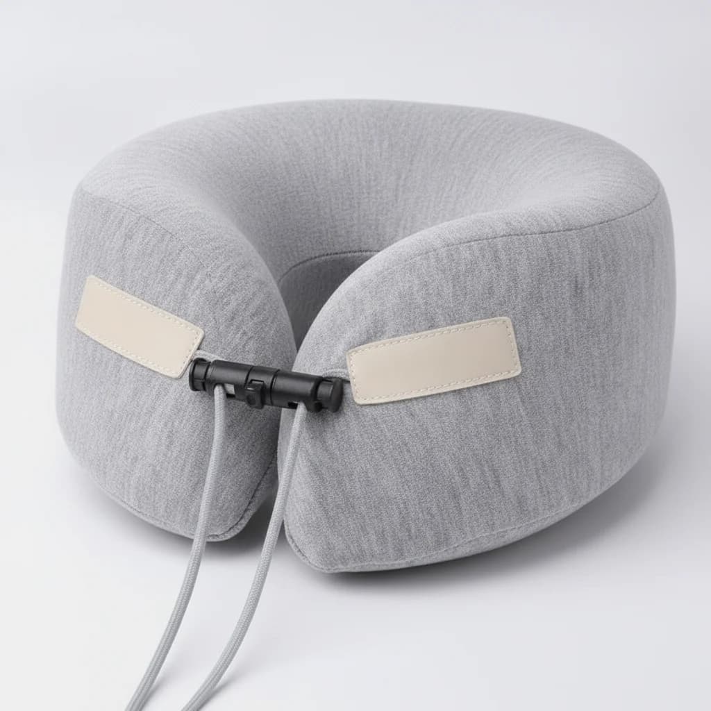 Drawstring toggle at the front of the neck pillow