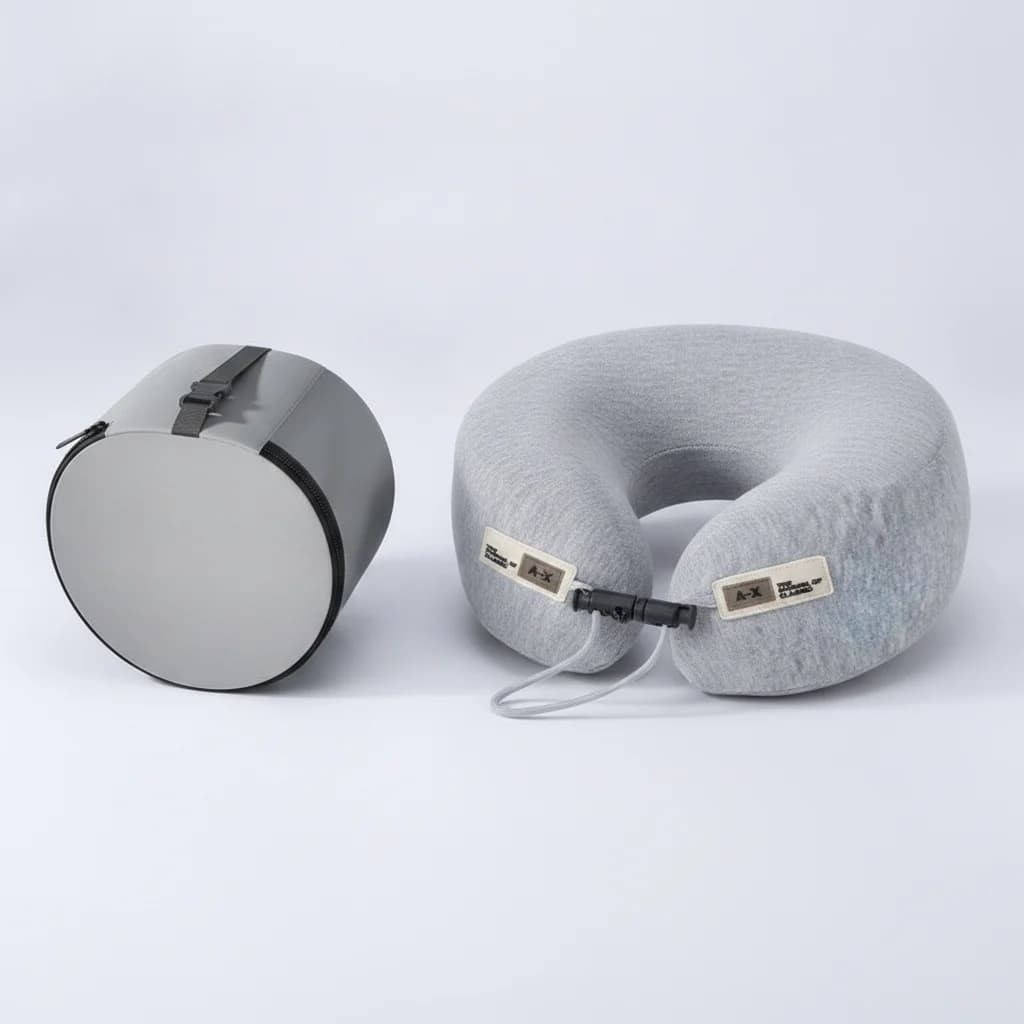 Travel neck pillow packed inside its round carry case