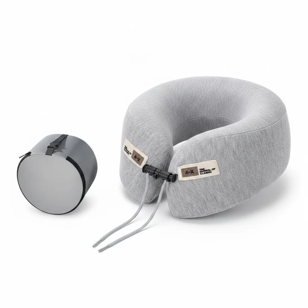 U-shaped travel neck pillow beside its carry case
