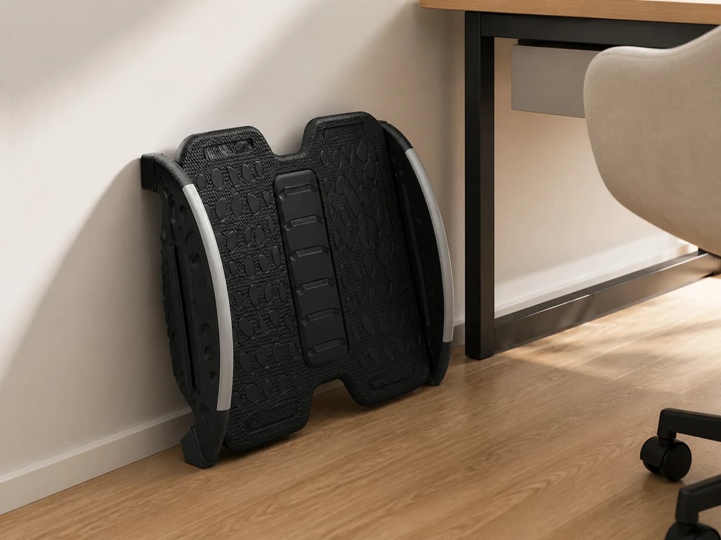 FlexRock Duo stored upright beside a desk and office chair