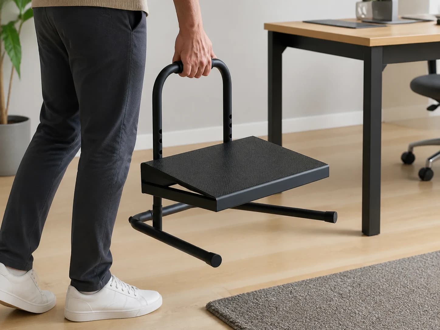 Person carrying RiseRest 6 by its foam-covered upper handle