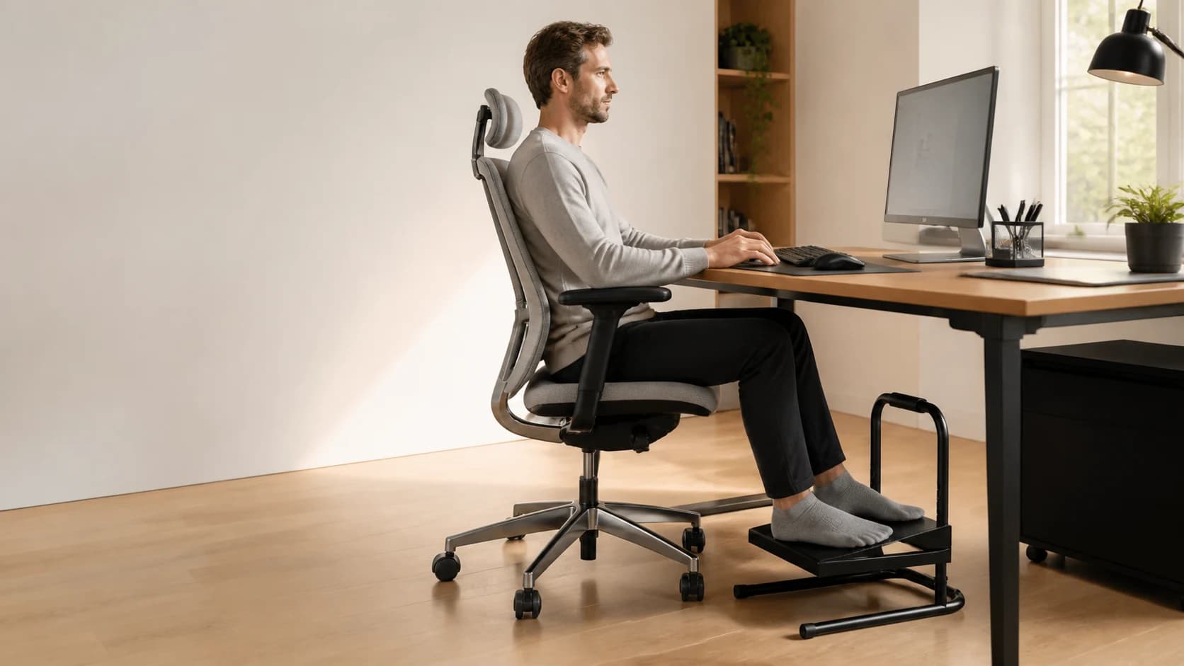 RiseRest 6 supporting a seated person's feet in a modern office
