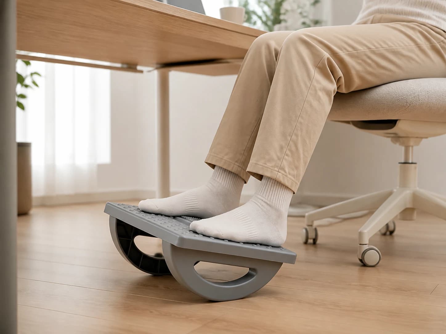 Seated person using the gray RollArc rocking footrest beneath a desk