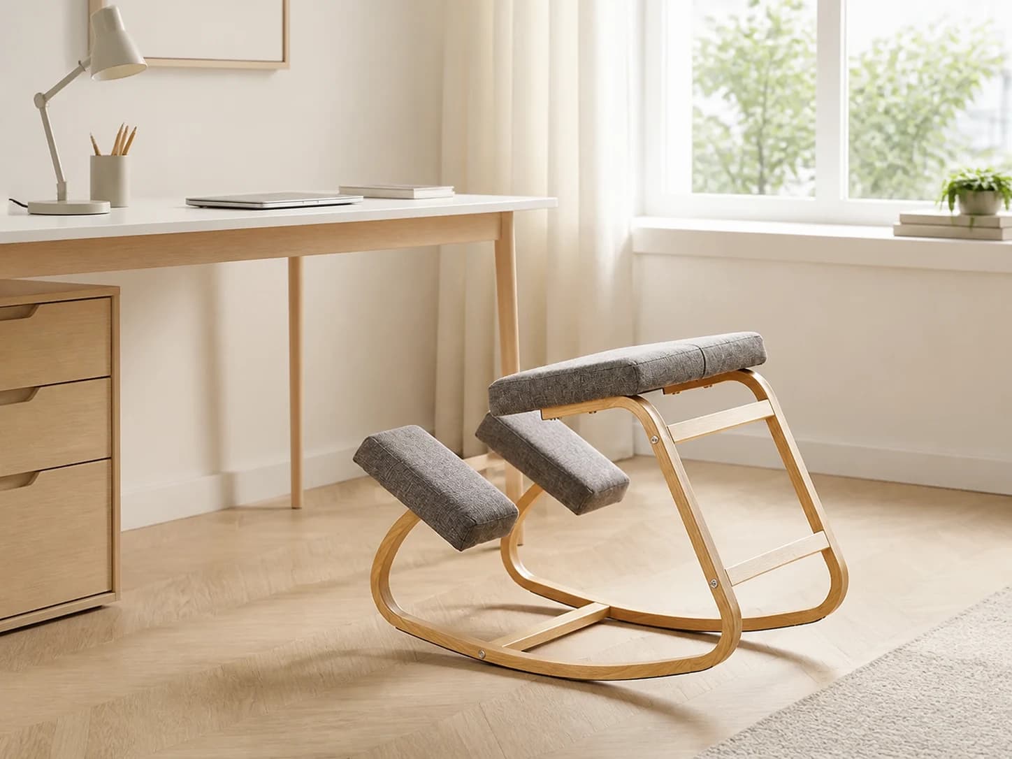 Unoccupied KneelArc Chair beside a light wood home-office desk