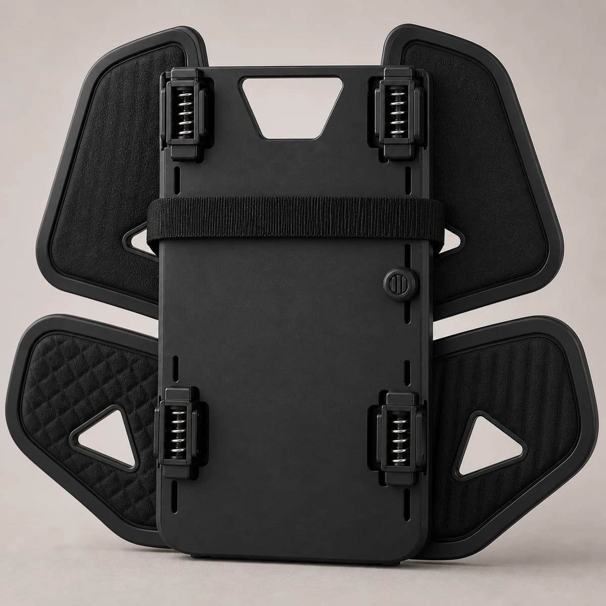 Rear detail of the DriveFlex 4 springs, rigid backplate, strap, and adjustment hardware