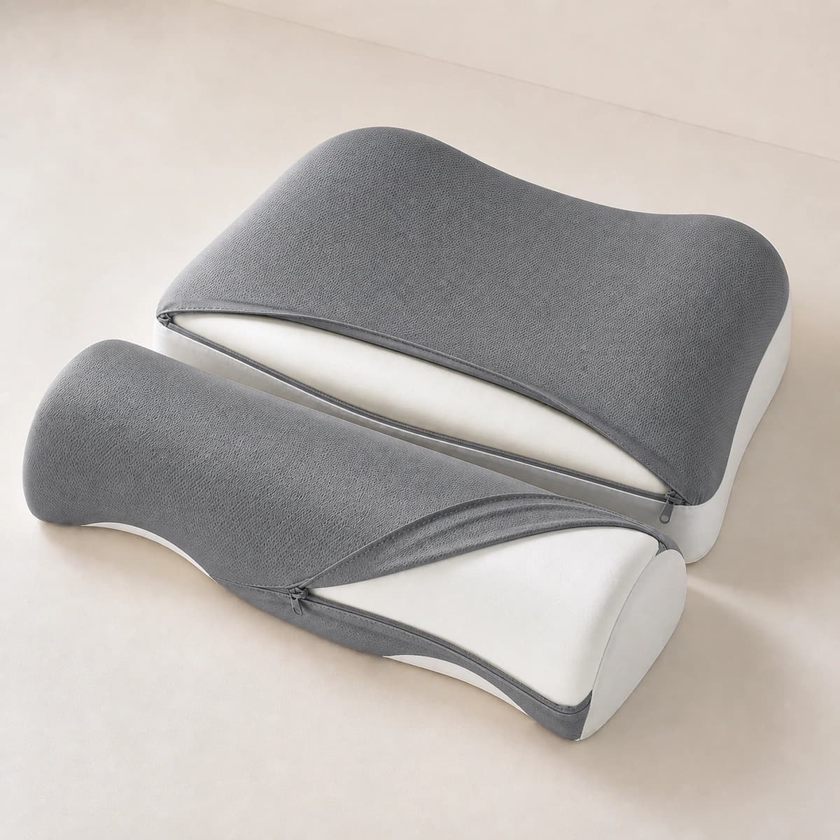 Close-up of a concealed zipper and removable matte Ink Grey CloudArc cover