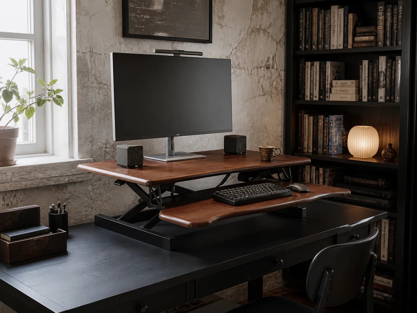 WoodRise desk converter in a lowered seated-work position on a home-office desk